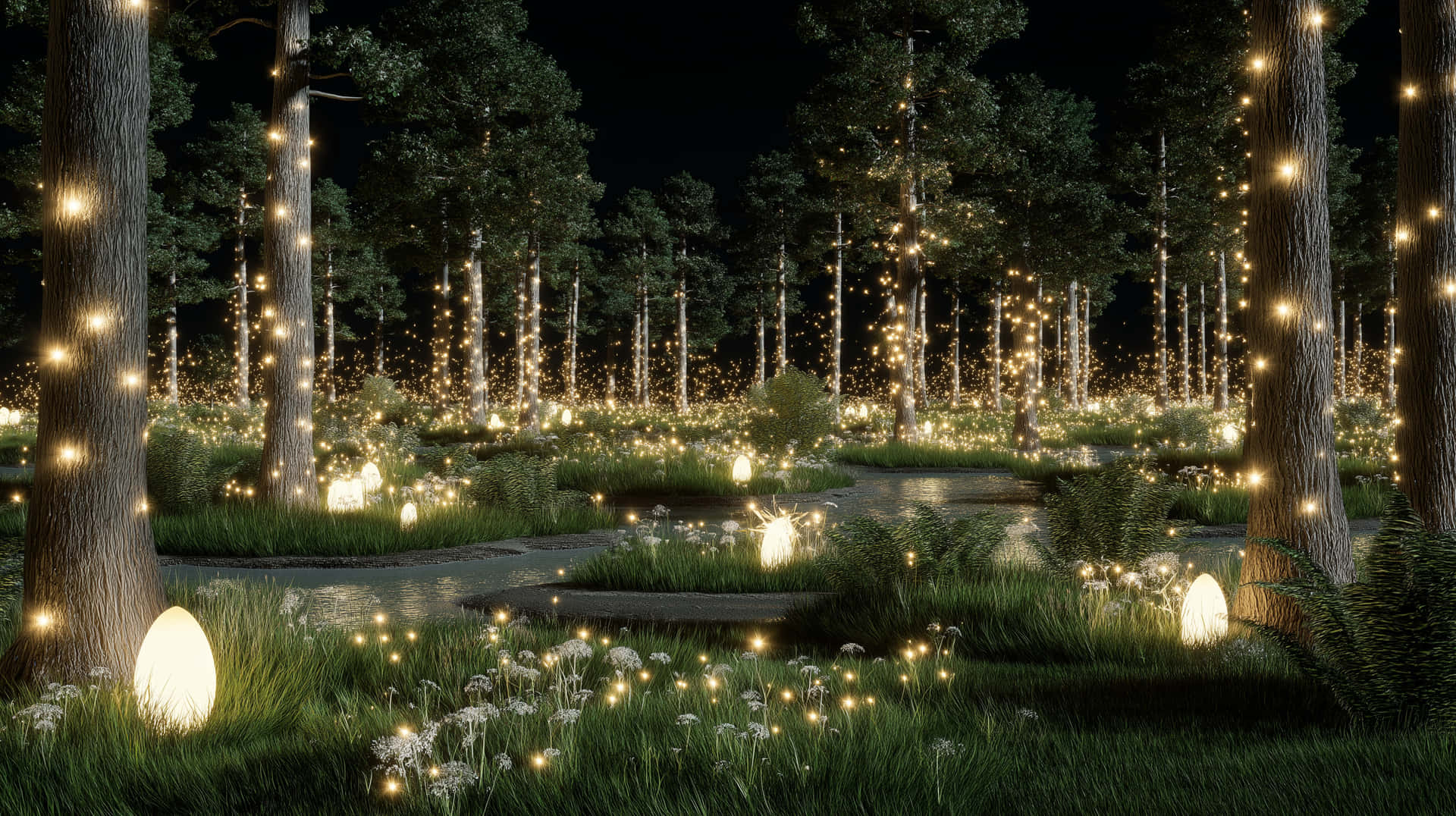Mystical Forest Glow 壁紙 — 夜晚的魔法森林，發光的燈飾點綴樹木和地面，照亮穿過高草和野花的寧靜小徑。