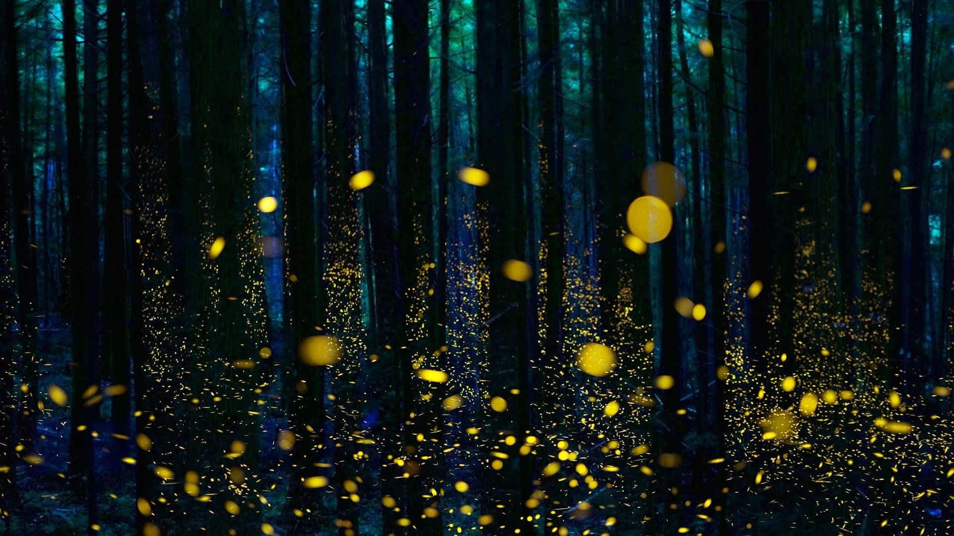 Firefly HD 桌布 壁紙 — 夜晚的黑暗森林中，充滿了在高大的藍綠色樹木間舞動的發光黃色螢火蟲。