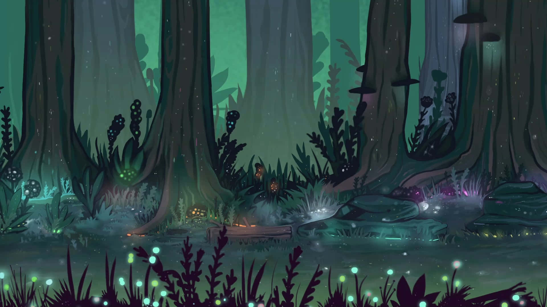 Magical Forest 桌布 壁紙 — 夜晚神秘森林，高聳樹木下佈滿發光蘑菇和生物發光植物。