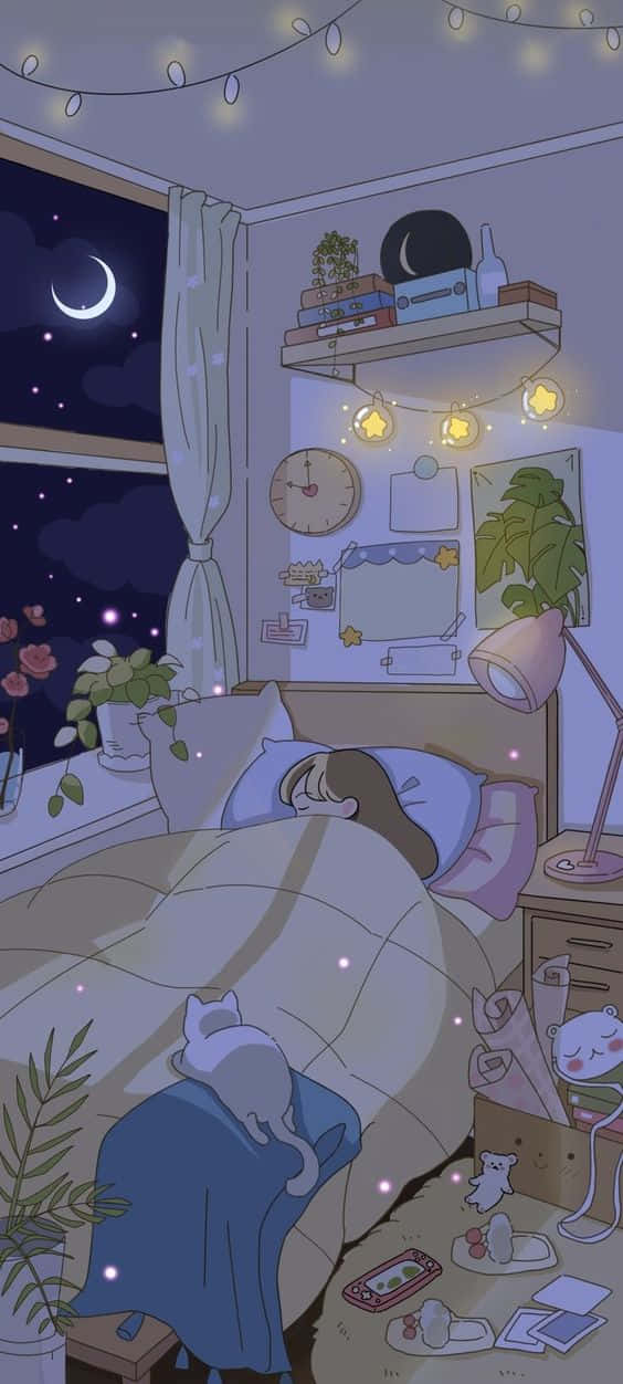 動漫女孩 桌布 壁紙 — 夜晚舒適的動漫風格臥室，有睡覺的人、貓咪、燈串，透過窗戶可見新月。