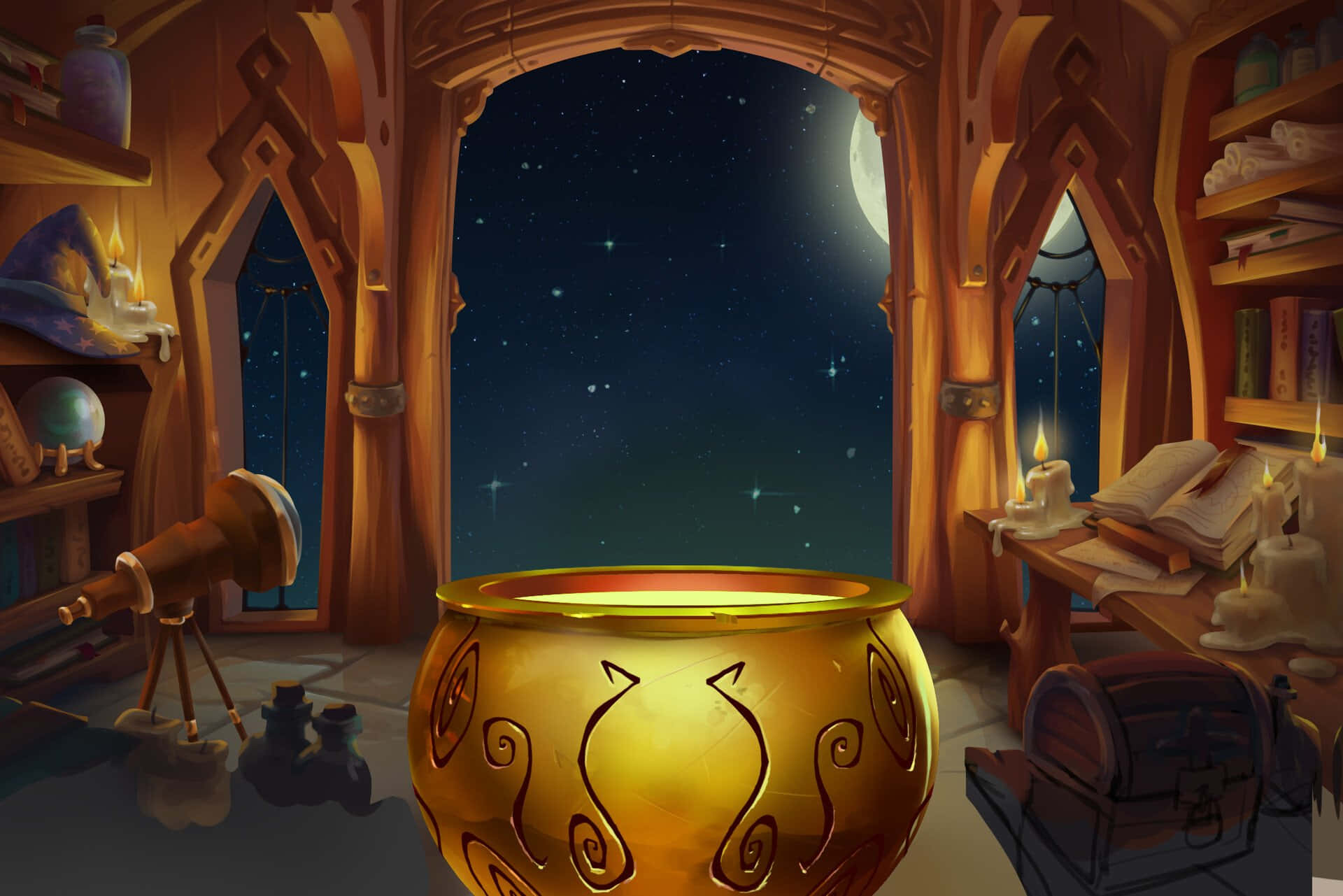 cauldron 桌布 壁紙 — 夜晚舒適的巫師書房，發光的坩堝、星空，以及蠟燭照亮的書架上擺滿了書籍和魔法物品。