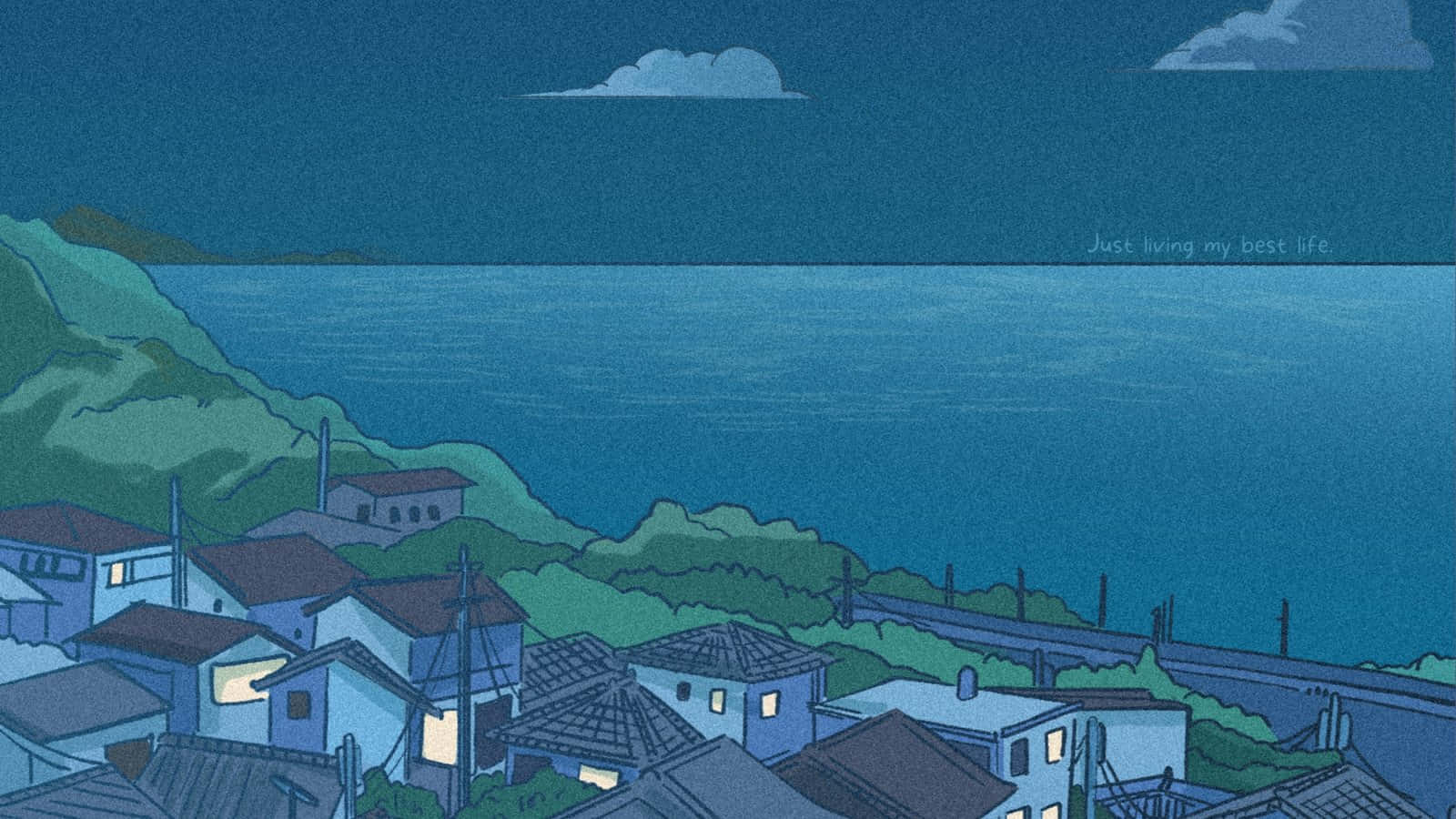 藝術 桌布 壁紙 — 夜晚舒適的海岸村莊，發光的窗戶俯瞰著黑暗天空下平靜的藍色海洋。