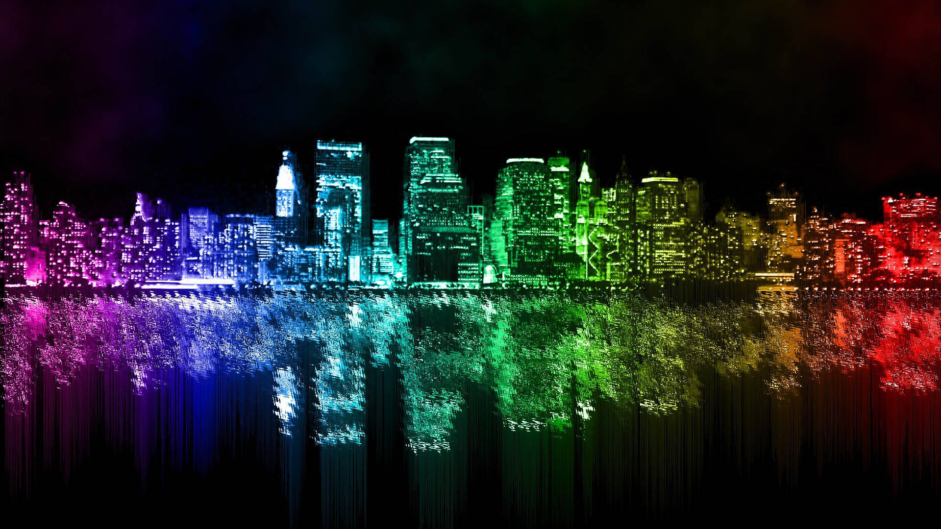 RGB 桌布 壁紙 — 夜晚色彩繽紛的彩虹燈光城市天際線，下方水面閃爍著多彩倒影。