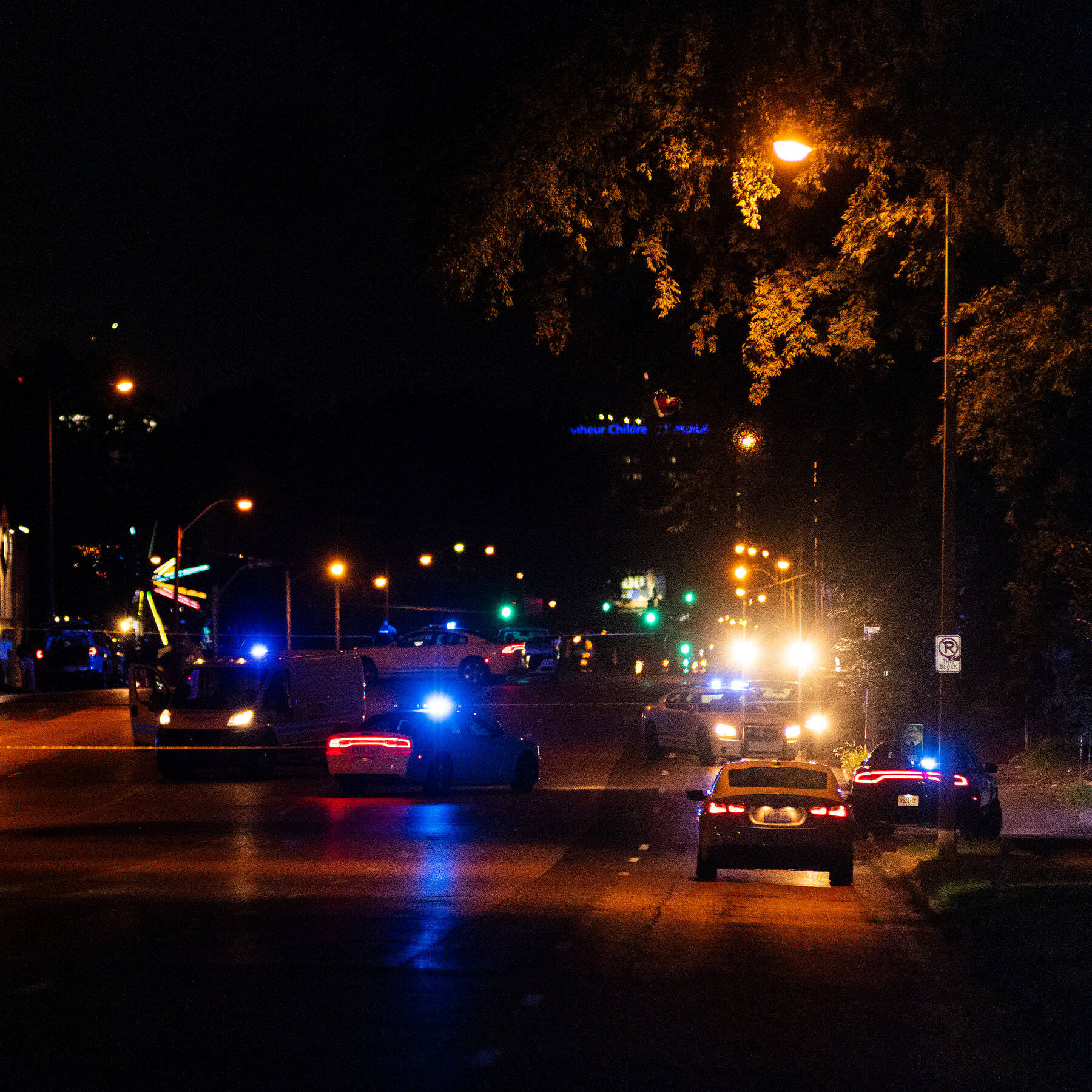 城市 桌布 壁紙 — 夜晚街景，警車在路燈和樹下閃爍藍燈。