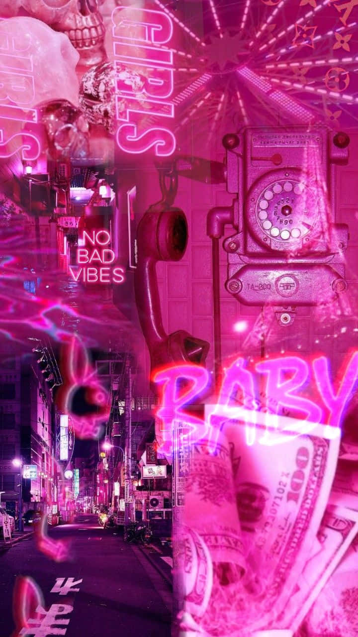 Bad Vibes 桌布 壁紙 — 夜晚被粉紅色燈光淹沒的霓虹都市街道，漂浮的美元鈔票和發光的文字疊加。