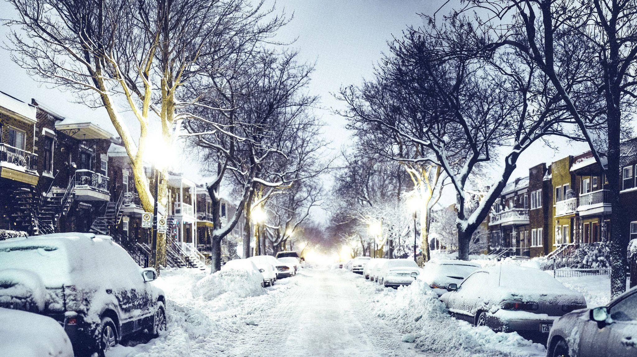 雪 桌布 壁紙 — 夜晚被雪覆蓋的城市街道，發光的街燈照亮了停放的汽車和光禿禿的樹木。