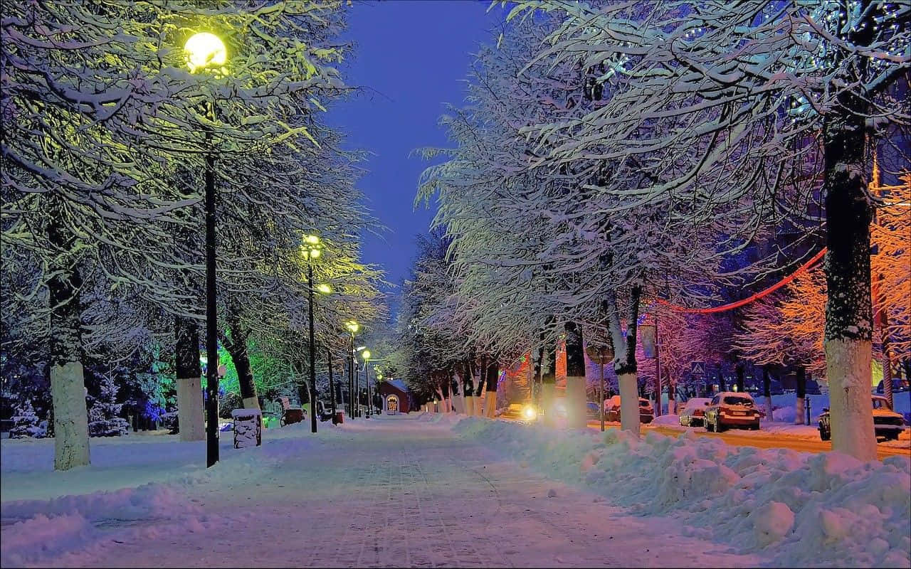 冬季桌面 桌布 壁紙 — 夜晚被雪覆蓋的城市街道，積雪的樹木和路燈上掛滿了色彩繽紛的節日燈飾。