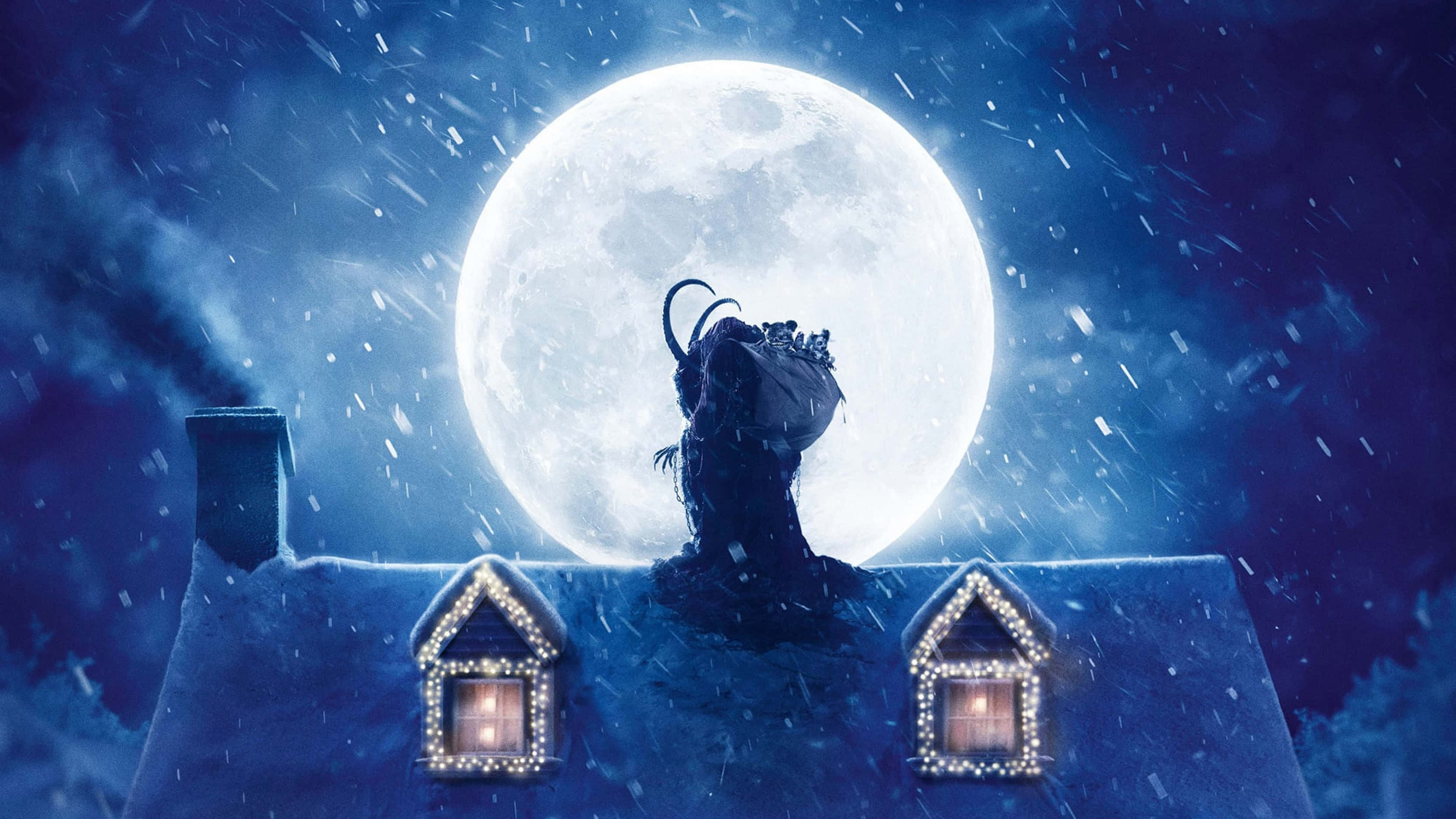 Krampus 桌布 壁紙 — 夜晚被雪覆蓋的房屋屋頂，發光的窗戶，以及一個巨大的滿月在一個像山羊的生物剪影後面。