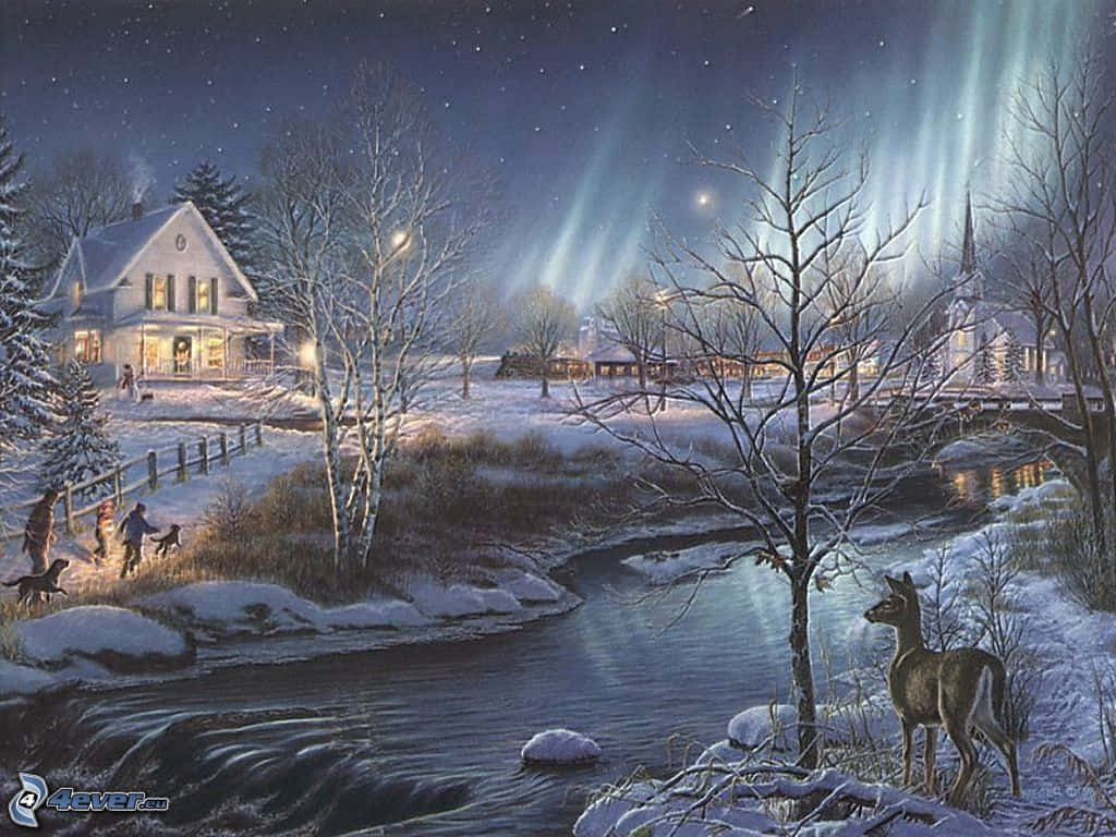 Winter Art 桌布 壁紙 — 夜晚被雪覆蓋的村莊，河邊有一隻鹿，星空和極光下。