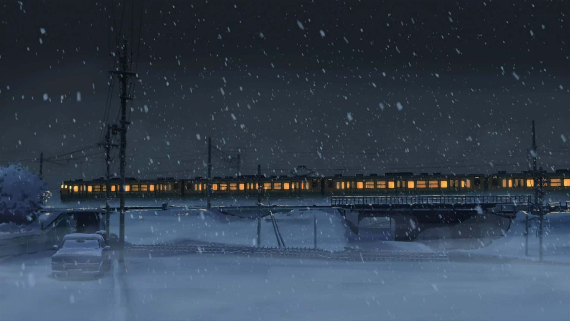 火車 桌布 壁紙 — 夜晚被雪覆蓋的火車橋，火車在飄雪中發出溫暖的光芒。