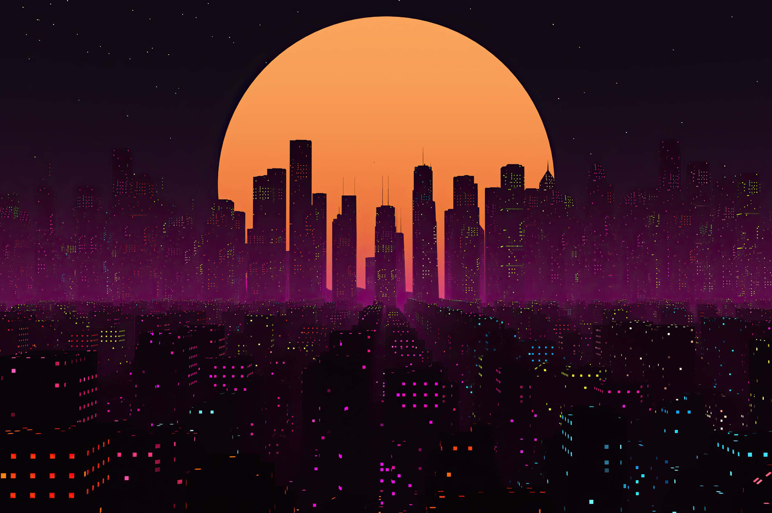 City Pixel Art 桌布 壁紙 — 夜晚被霓虹燈浸染的城市景觀，巨大的橙色太陽在閃爍著紫色和粉色燈光的摩天大樓後落下。