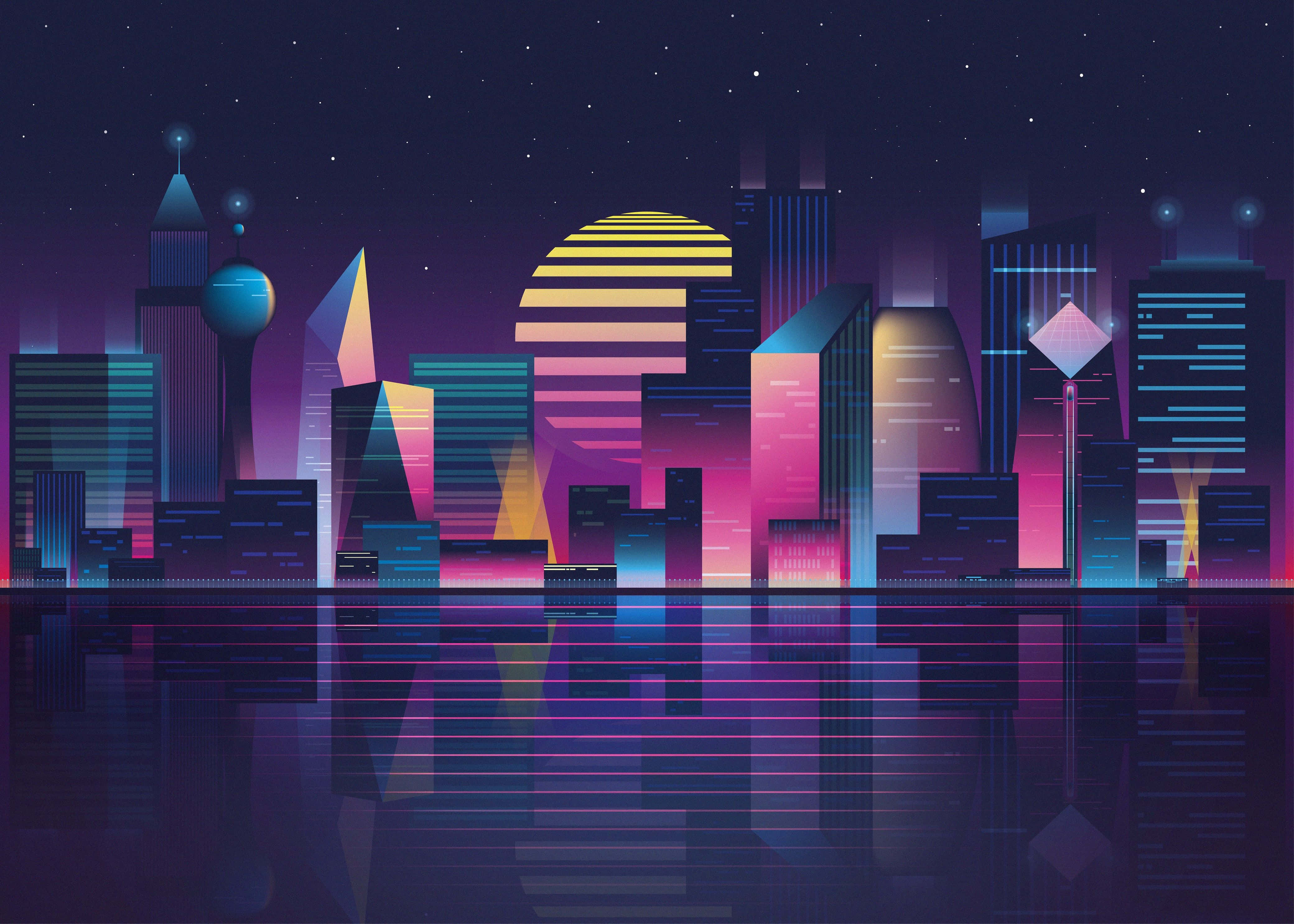 Synthwave City 桌布 壁紙 — 夜晚被霓虹燈浸染的未來城市天際線，幾何形狀的摩天大樓和水中反射的發光太陽。