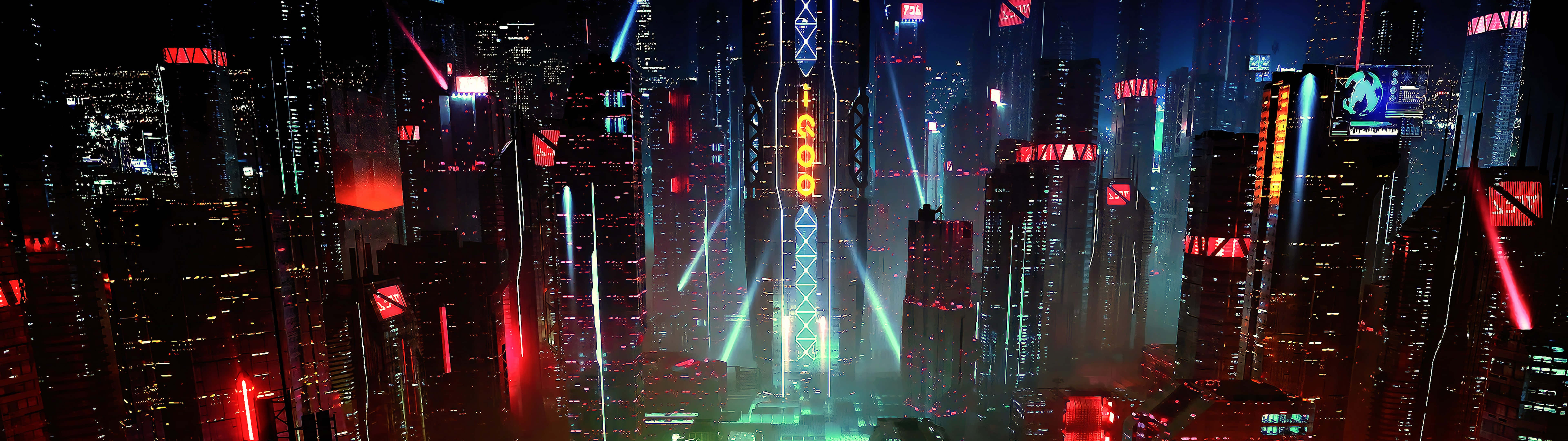 高清 桌布 壁紙 — 夜晚被霓虹燈浸透的賽博龐克城市景觀，高聳的摩天大樓散發出紅、綠、藍色調的光芒。