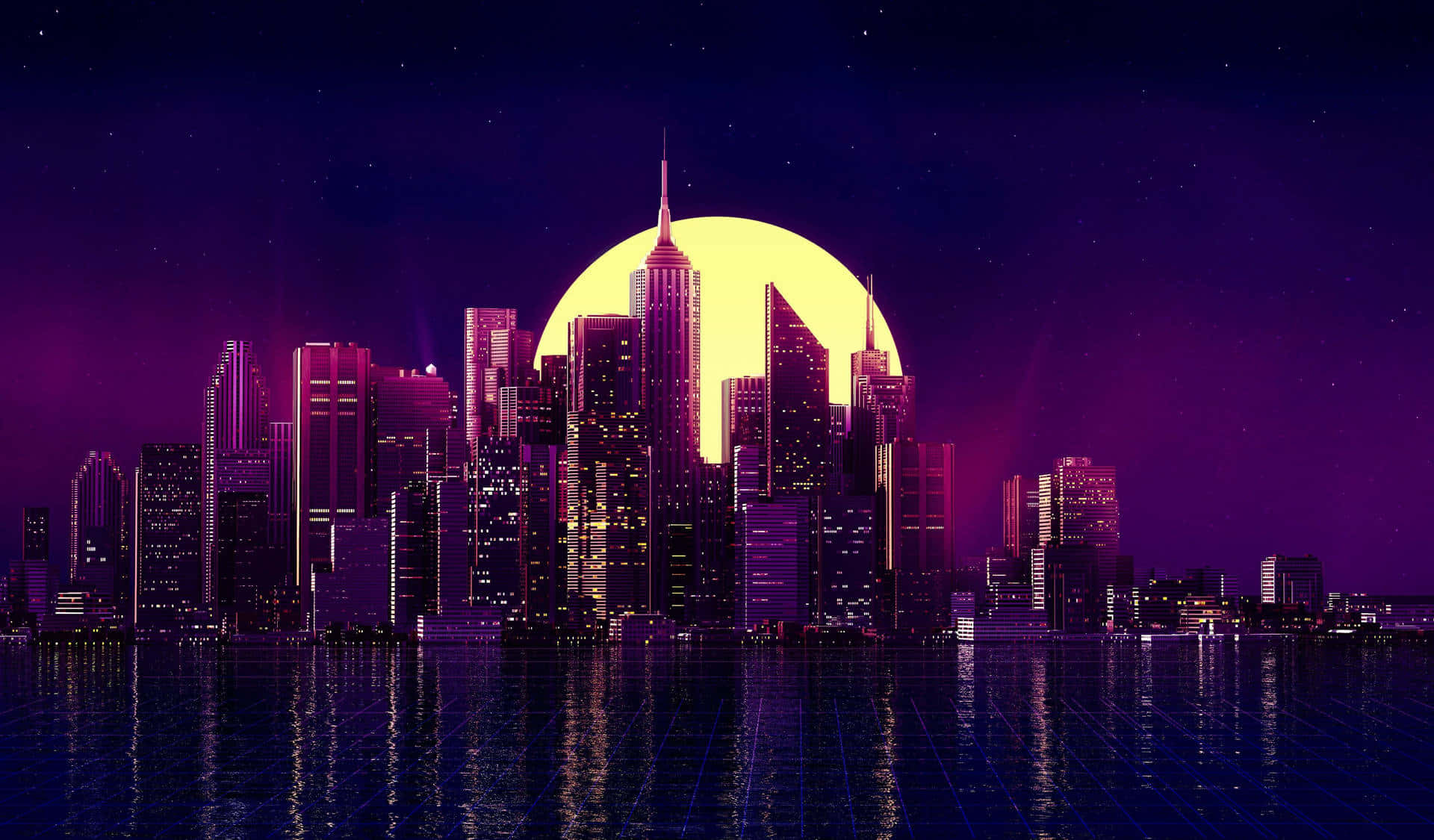 Retro Futurism 桌布 壁紙 — 夜晚被霓虹燈淹沒的城市天際線，一輪巨大的黃色月亮從摩天大樓後升起，在繁星點點的紫色天空下倒映在黑暗的水面上。