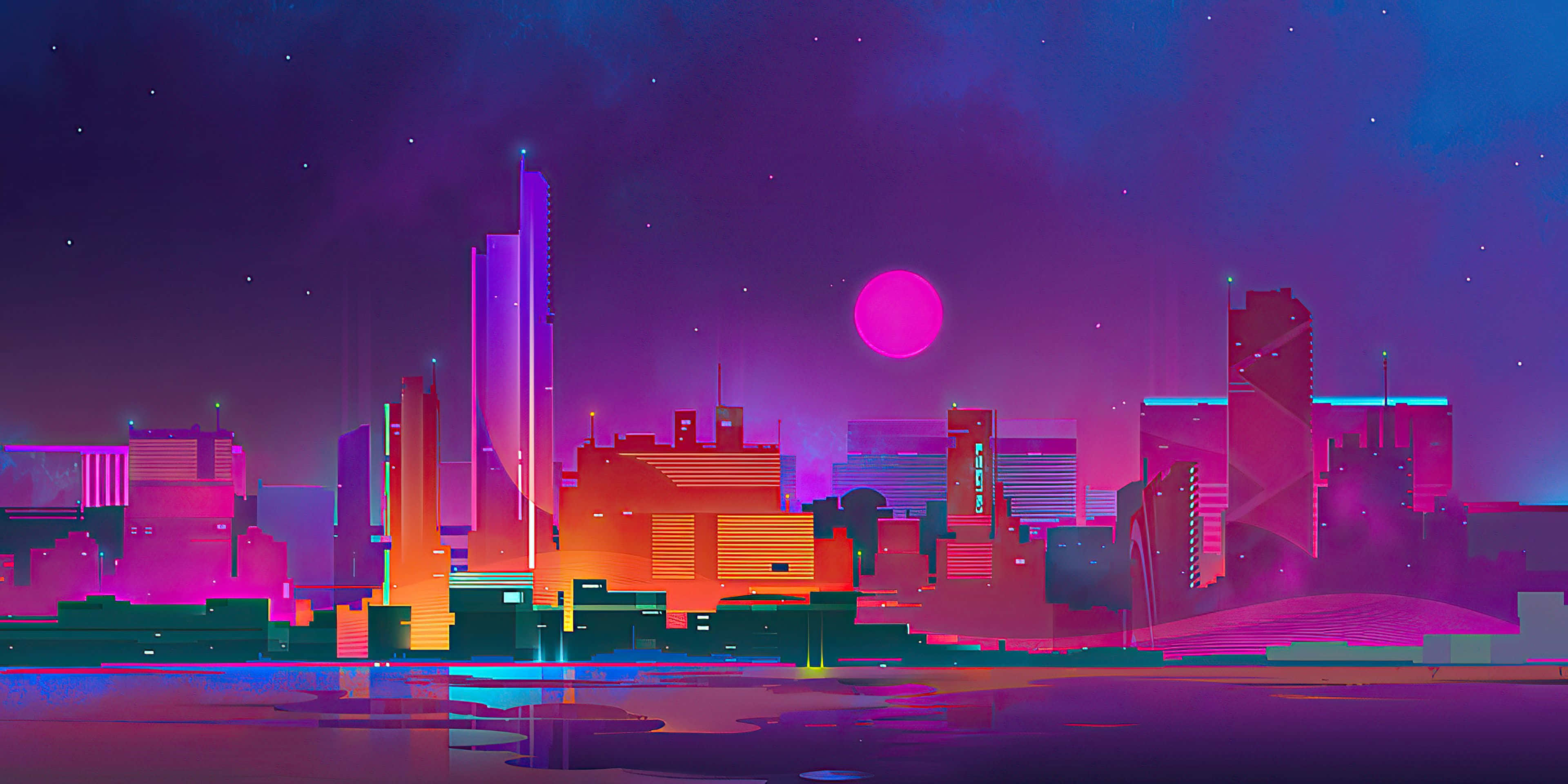 藝術 桌布 壁紙 — 夜晚被霓虹燈淹沒的賽博龐克城市景觀，發光的摩天大樓和粉紅色的月亮倒映在水中。