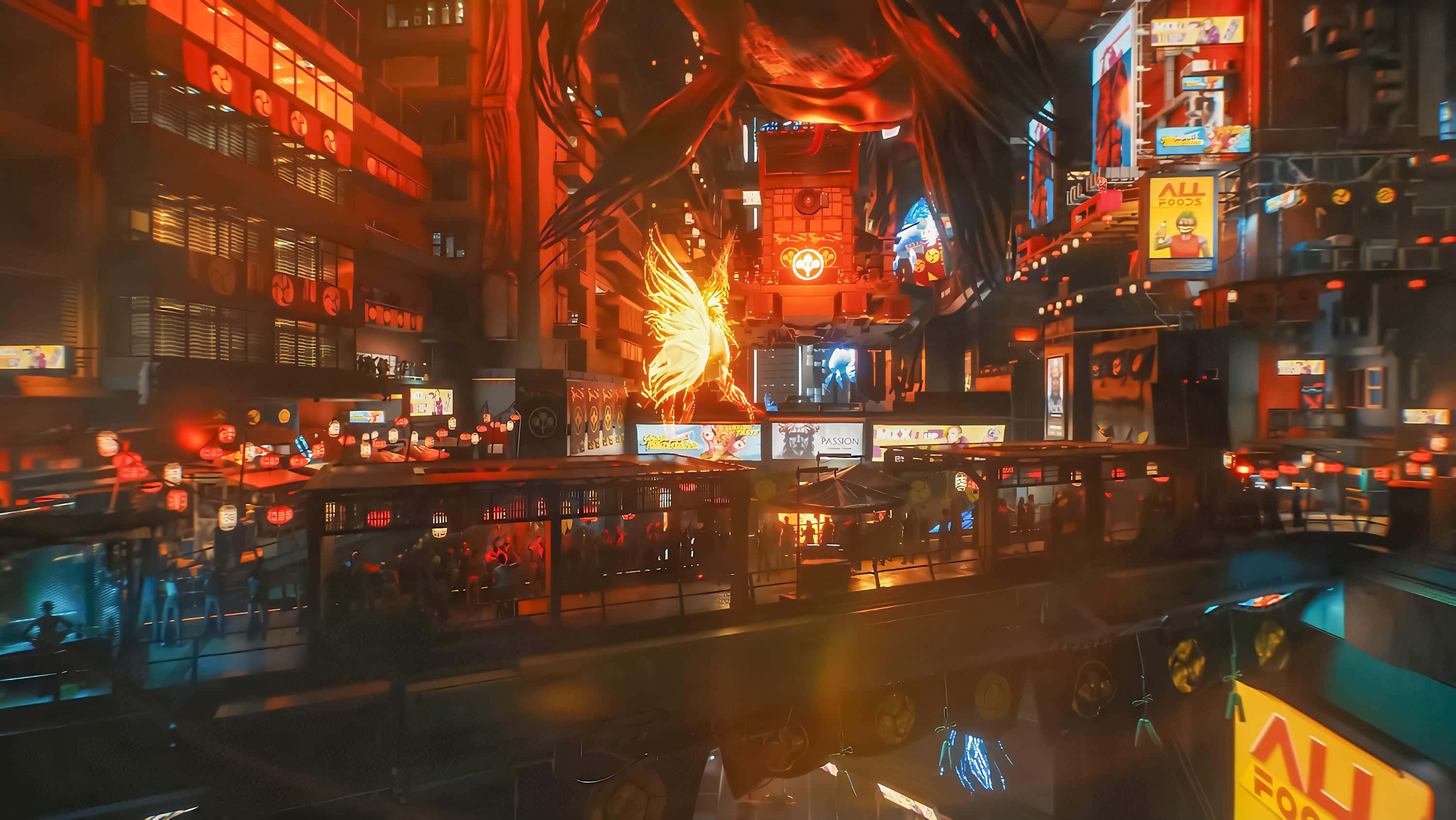 賽博龐克 桌布 壁紙 — 夜晚被霓虹燈淹沒的賽博龐克城市景觀，高聳的建築物閃爍著紅色和藍色光芒，一座熾熱的鳳凰雕像，以及繁忙的高架步道。