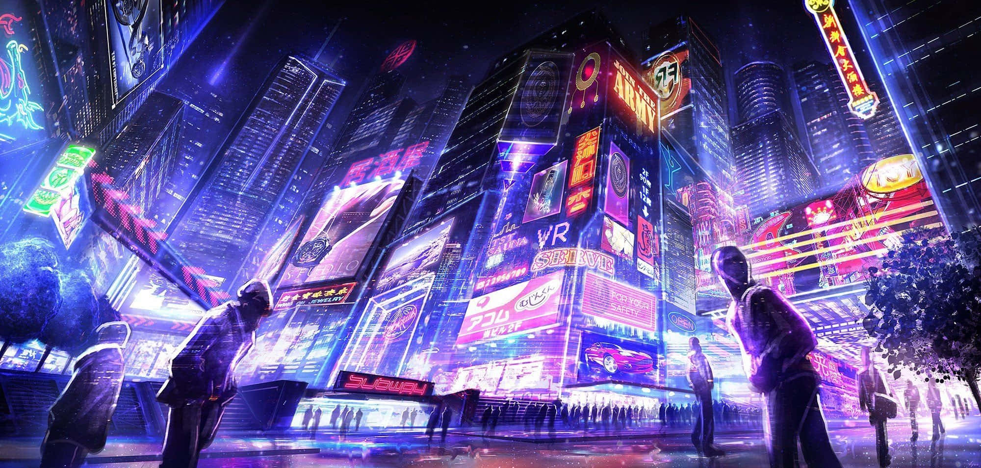 賽博龐克 桌布 壁紙 — 夜晚被霓虹燈淹沒的賽博龐克城市景觀，高聳的摩天大樓閃爍著鮮豔的數位廣告牌，剪影般的行人走在下方。