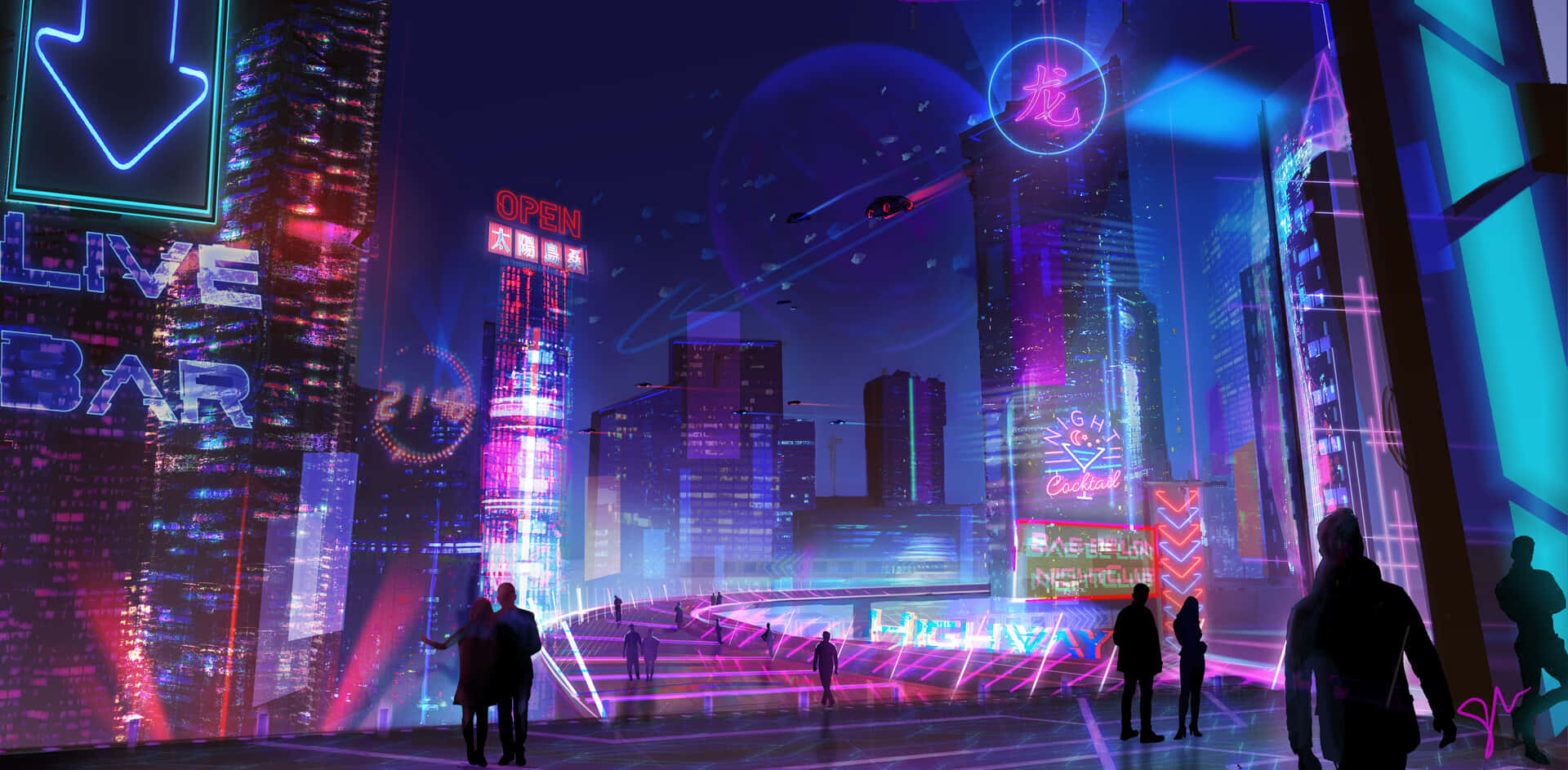 桌布 壁紙 — 夜晚被霓虹燈淹沒的賽博龐克城市景觀，高聳的摩天大樓閃爍著鮮豔的數位招牌和飛行車輛。