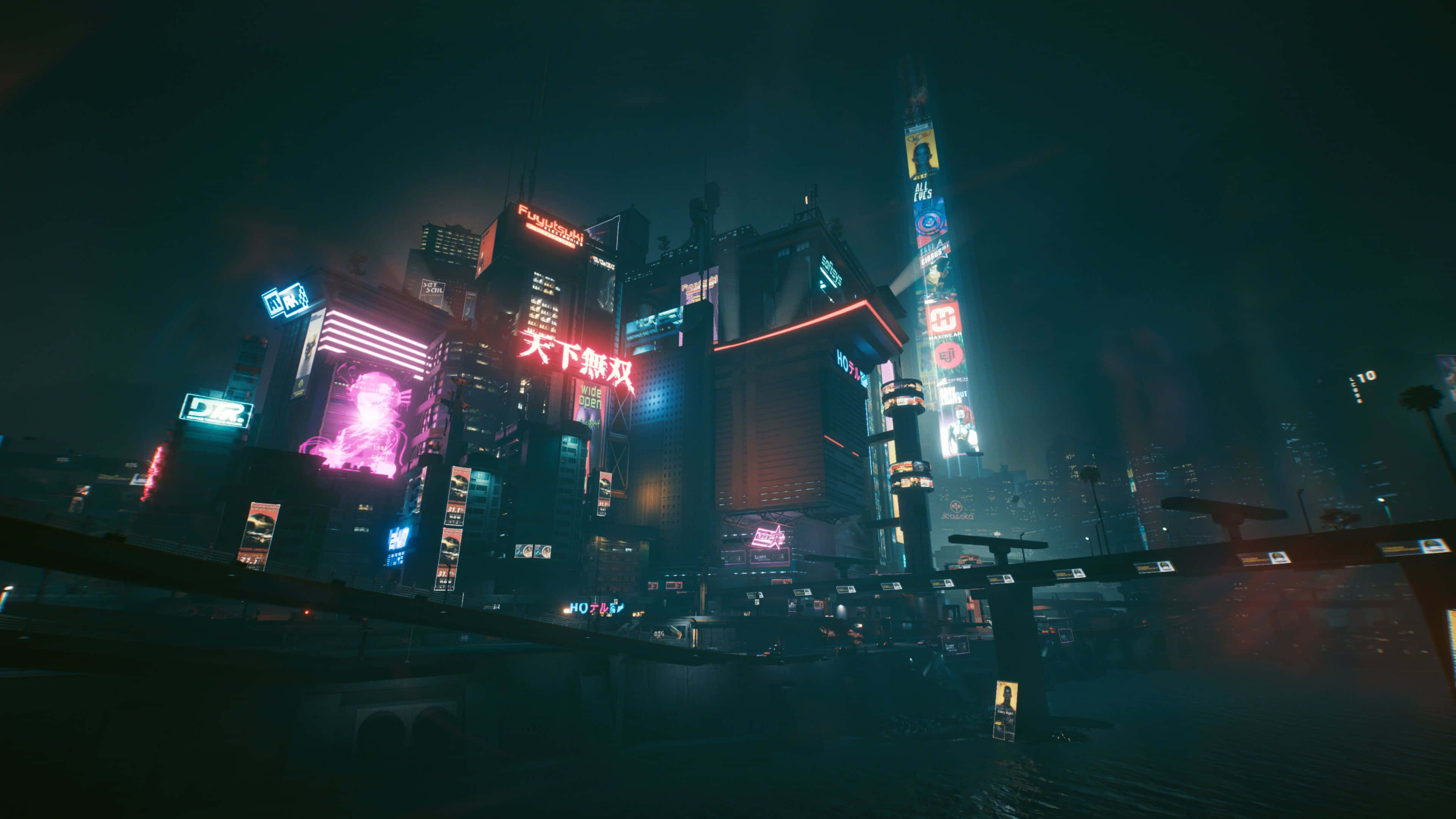 Cyberpunk Night City 桌布 壁紙 — 夜晚被霓虹燈淹沒的賽博龐克城市景觀，高聳的摩天大樓閃爍著鮮豔的數位廣告牌和全息投影。