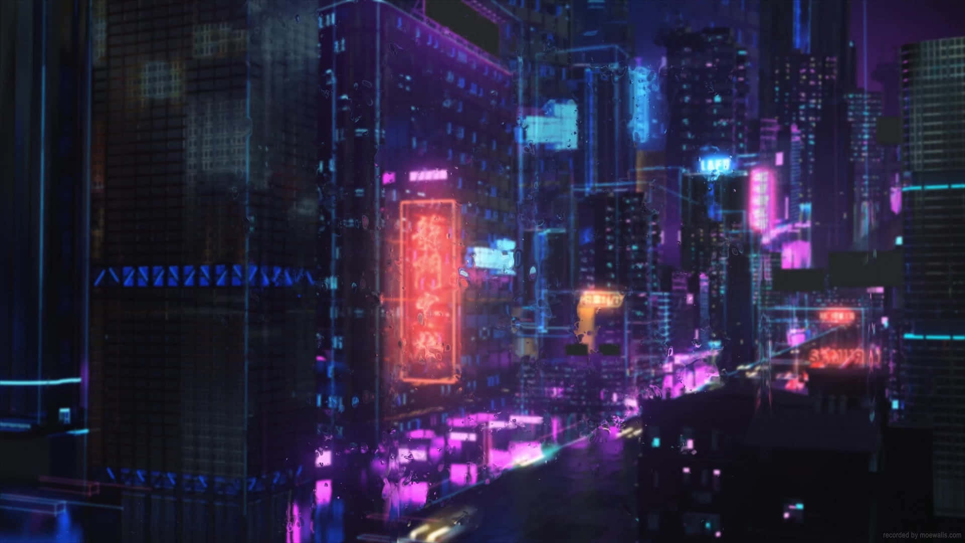 桌布 壁紙 — 夜晚被霓虹燈淹沒的賽博龐克城市景觀，高聳的摩天大樓散發著電光紫和藍色調。