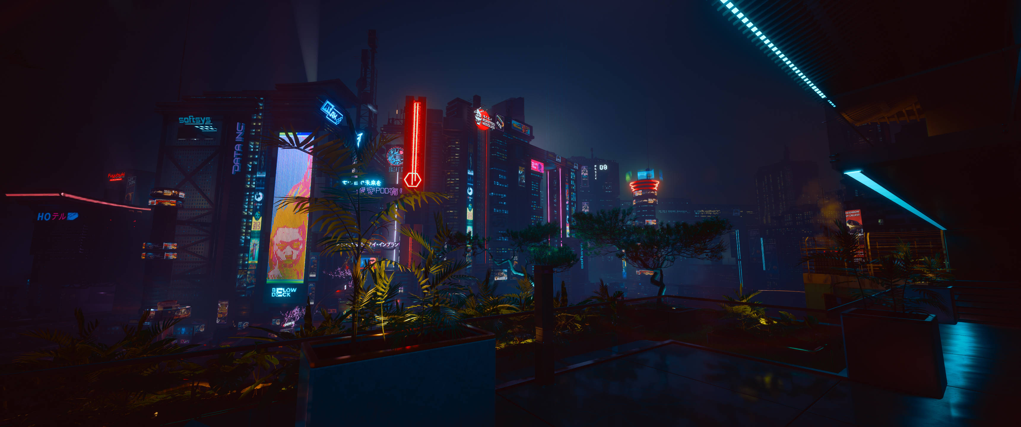 桌布 壁紙 — 夜晚被霓虹燈淹沒的賽博龐克城市景觀，閃爍的廣告牌和雨水浸濕的屋頂。