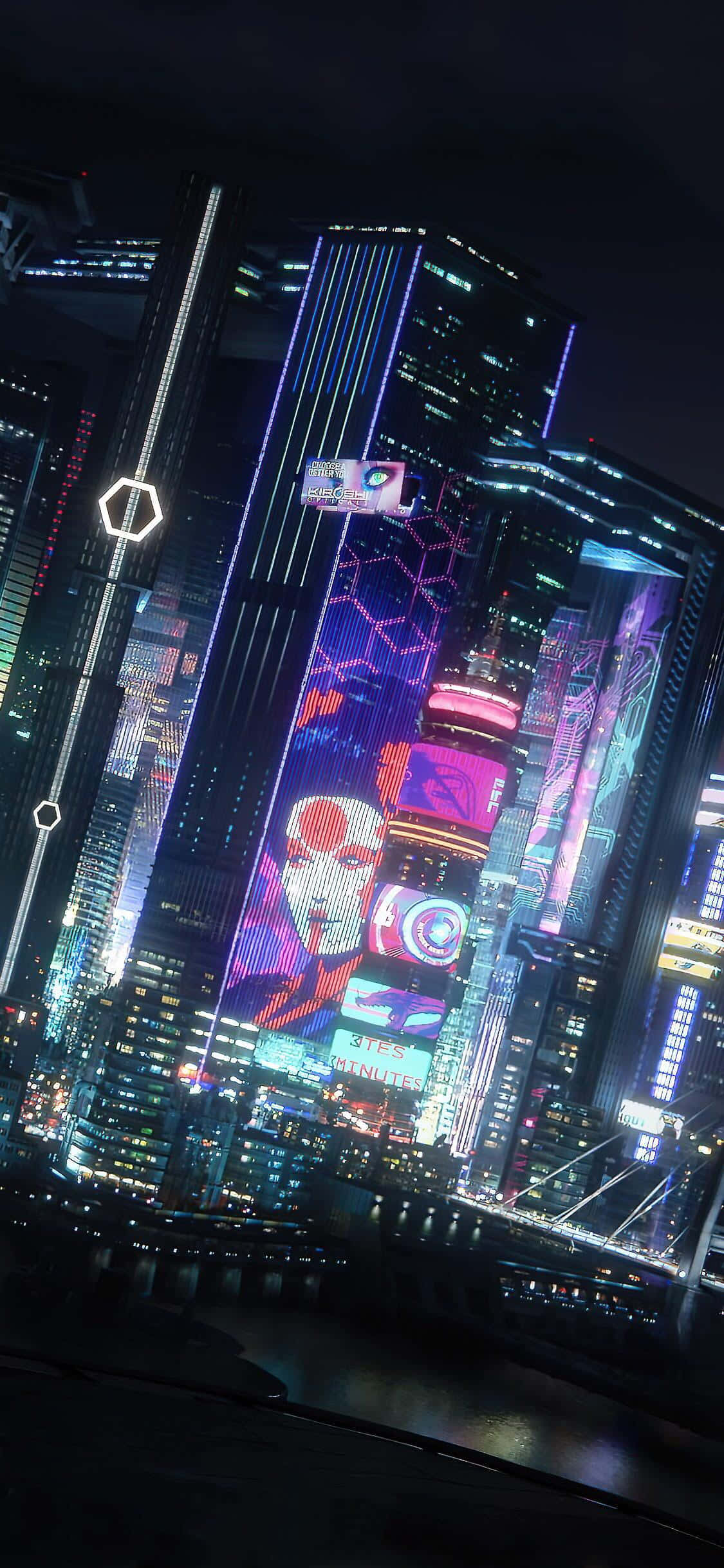 電馭叛客2077 桌布 壁紙 — 夜晚被霓虹燈淹沒的賽博龐克城市景觀，高聳的摩天大樓展示著充滿活力的全息廣告和發光的數位廣告牌。