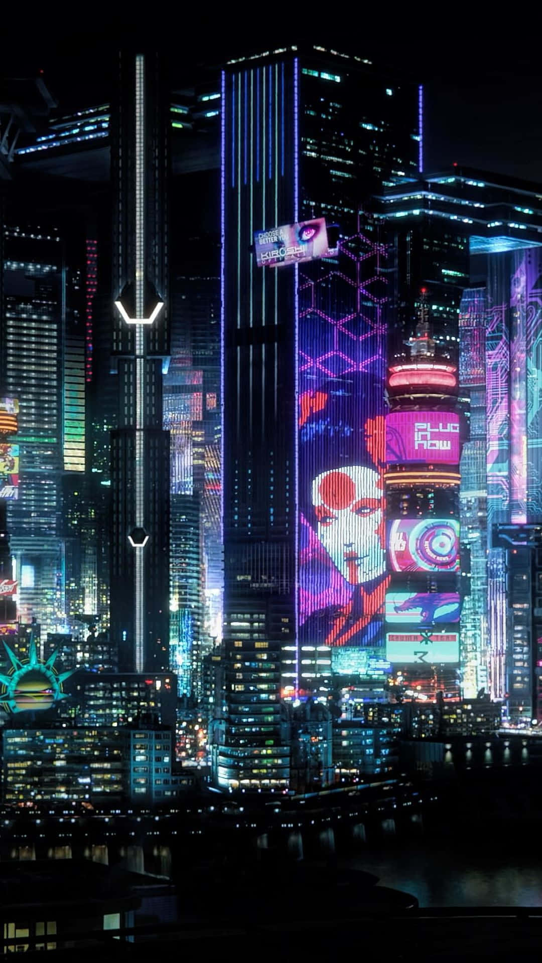 Pixel 3xl Cyberpunk 2077 桌布 壁紙 — 夜晚被霓虹燈淹沒的賽博龐克城市景觀，高聳的摩天大樓展示著充滿活力的數位廣告看板和全息廣告。