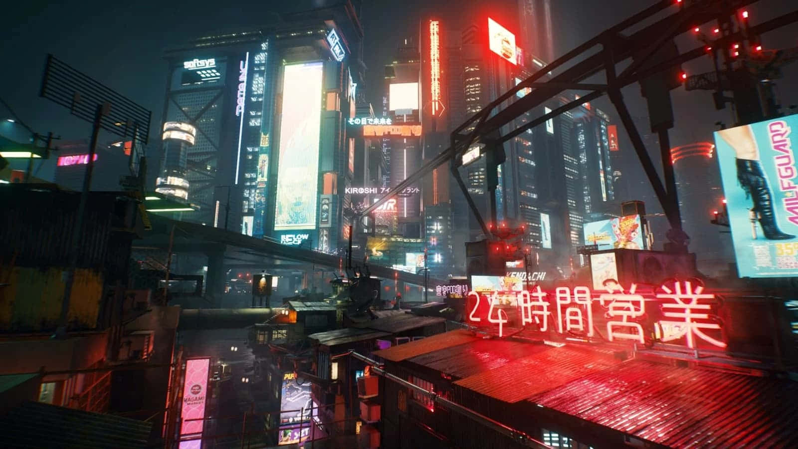 Cyberpunk Laptop 桌布 壁紙 — 夜晚被霓虹燈淹沒的賽博龐克城市景觀，高聳的摩天大樓和發光的招牌映照在潮濕的街道上。