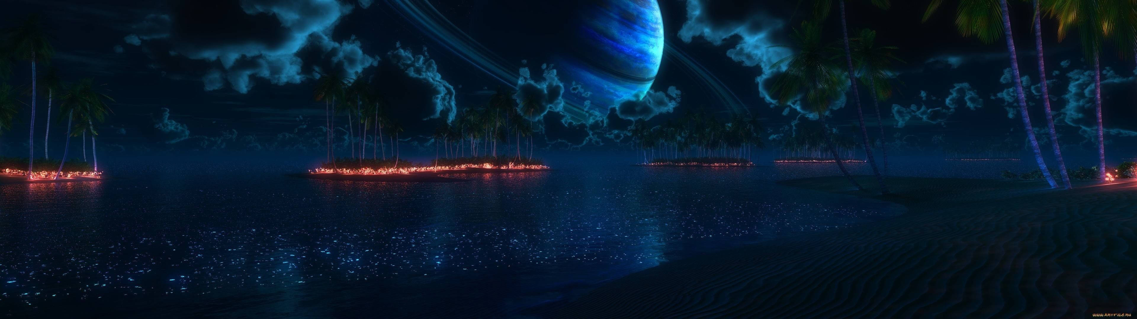 海灘 桌布 壁紙 — 夜晚超現實的熱帶海灘，在發光的藍色星球下，有棕櫚樹和遠處發光的島嶼。