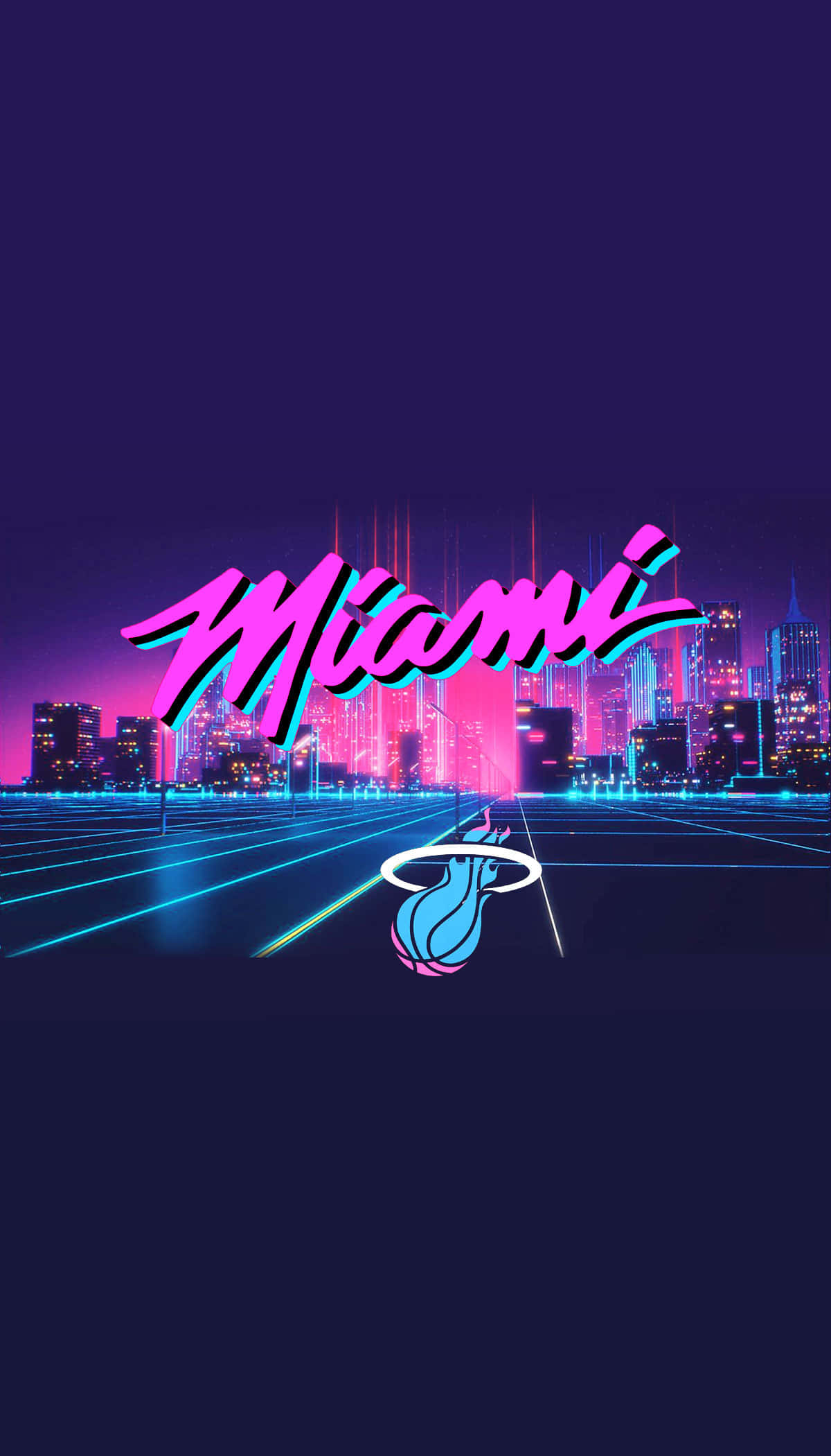 Miami 桌布 壁紙 — 夜晚邁阿密充滿活力的霓虹天際線，帶有發光的粉紅色和藍色燈光，前景有籃球框標誌。