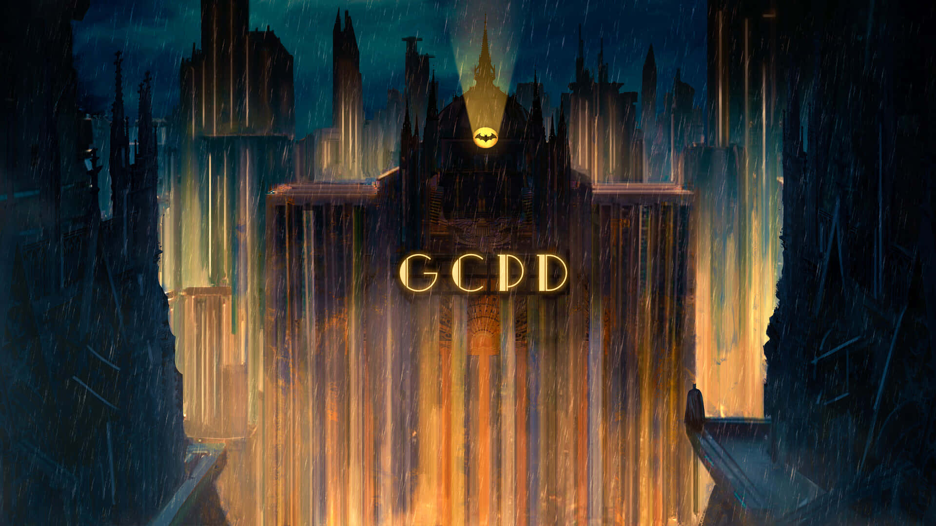 Gotham City Police Department 桌布 壁紙 — 夜晚雨中的哥德式城市景觀，中央建築頂部有發光的蝙蝠標誌和金色GCDD文字。