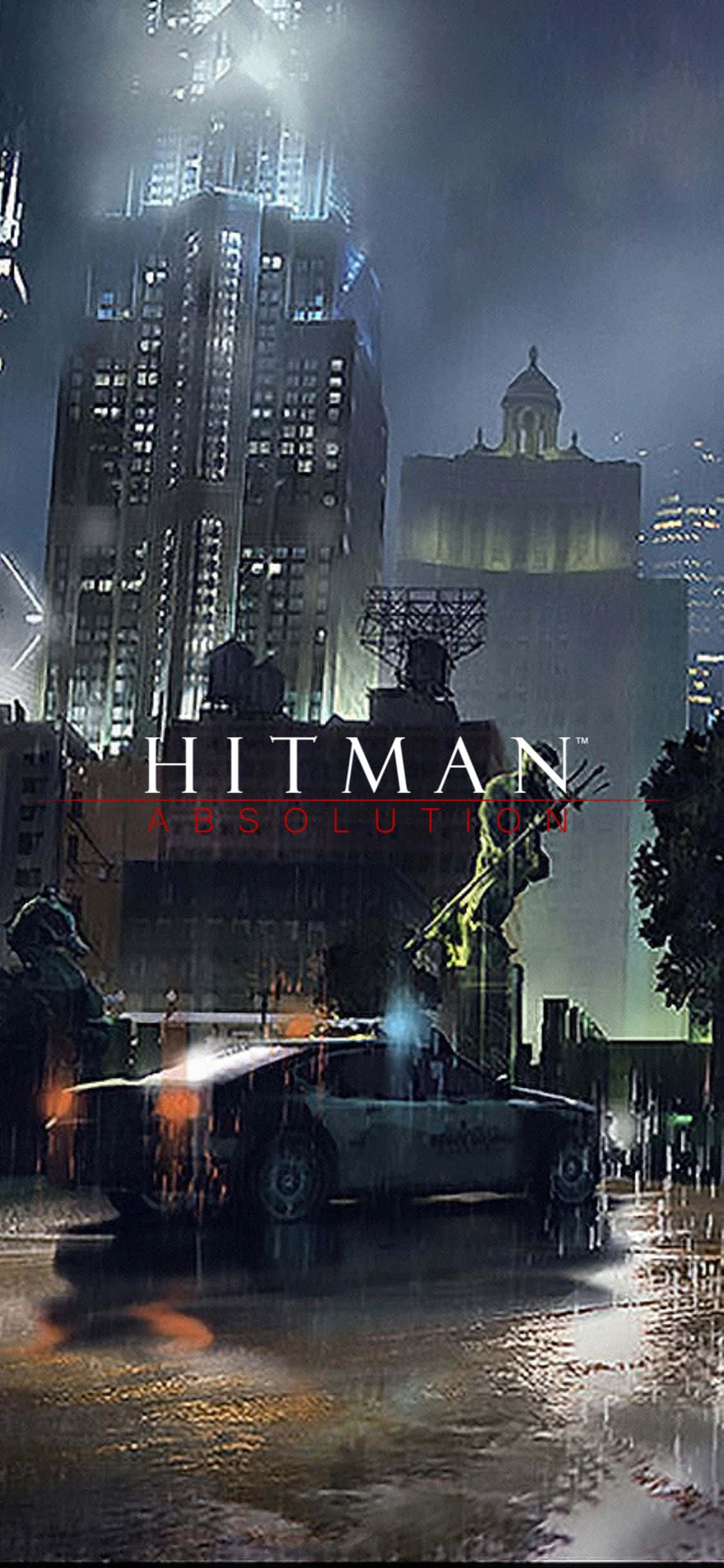 iPhone X Hitman Absolution 桌布 壁紙 — 夜晚雨濕的城市街道，有警車和高聳的摩天大樓，在霓虹燈下。