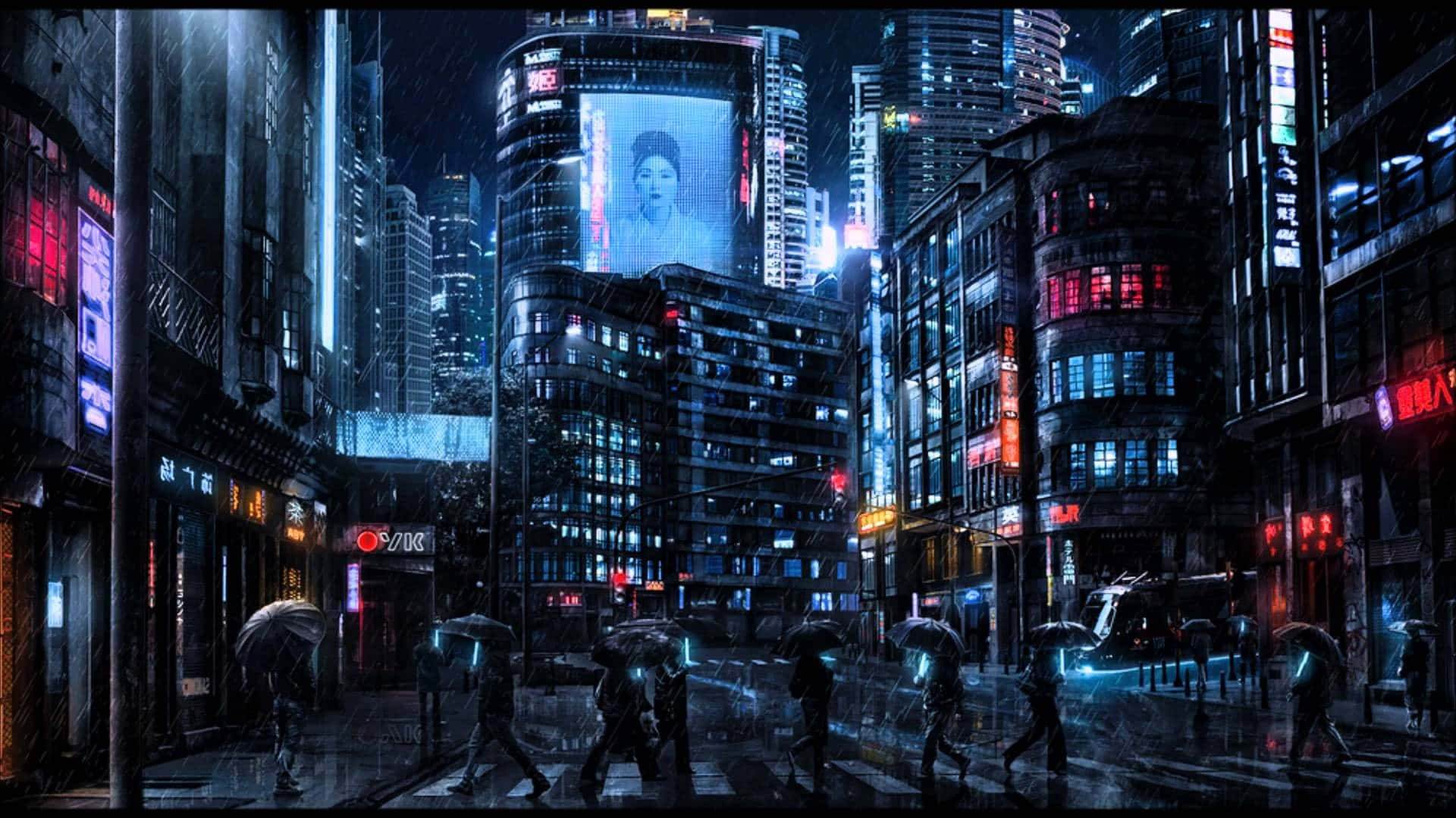 行人手持發光雨傘在夜晚穿過雨濕的霓虹燈城市街道。 — 黑暗城市 壁紙