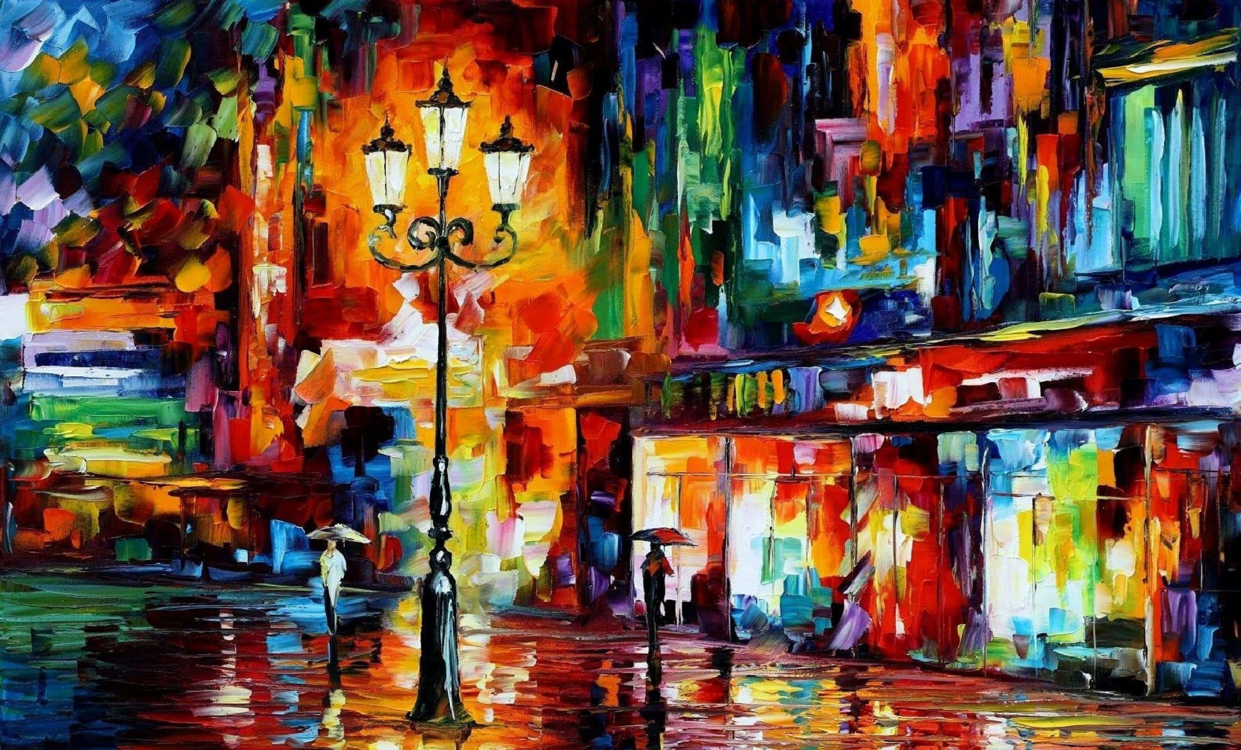 Oil Painting 桌布 壁紙 — 夜晚雨街的鮮豔抽象畫，帶有發光路燈和濕漉漉路面上的多彩倒影。