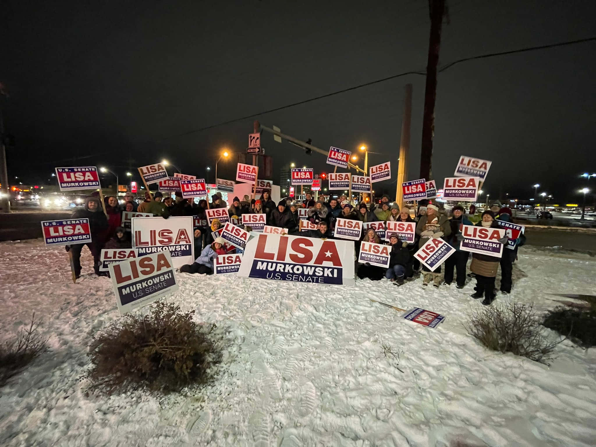 冬天 桌布 壁紙 — 夜晚雪地抗議集會，支持者在街燈下舉著「Lisa Murkowski U.S. Senate」標語牌。