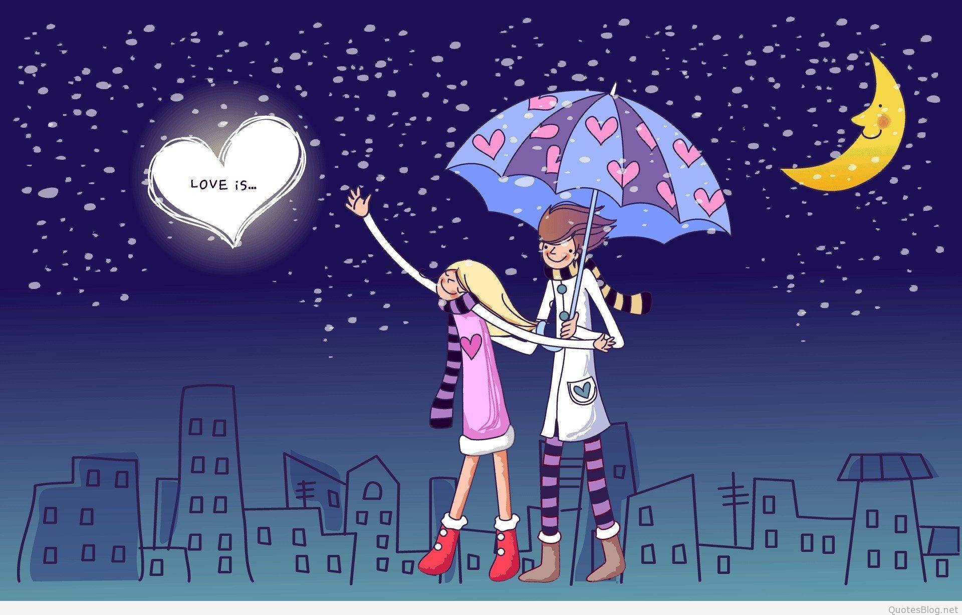 桌布 壁紙 — 夜晚雪景中，一對卡通情侶在愛心圖案雨傘下，上方有微笑的月亮和發光的愛心。