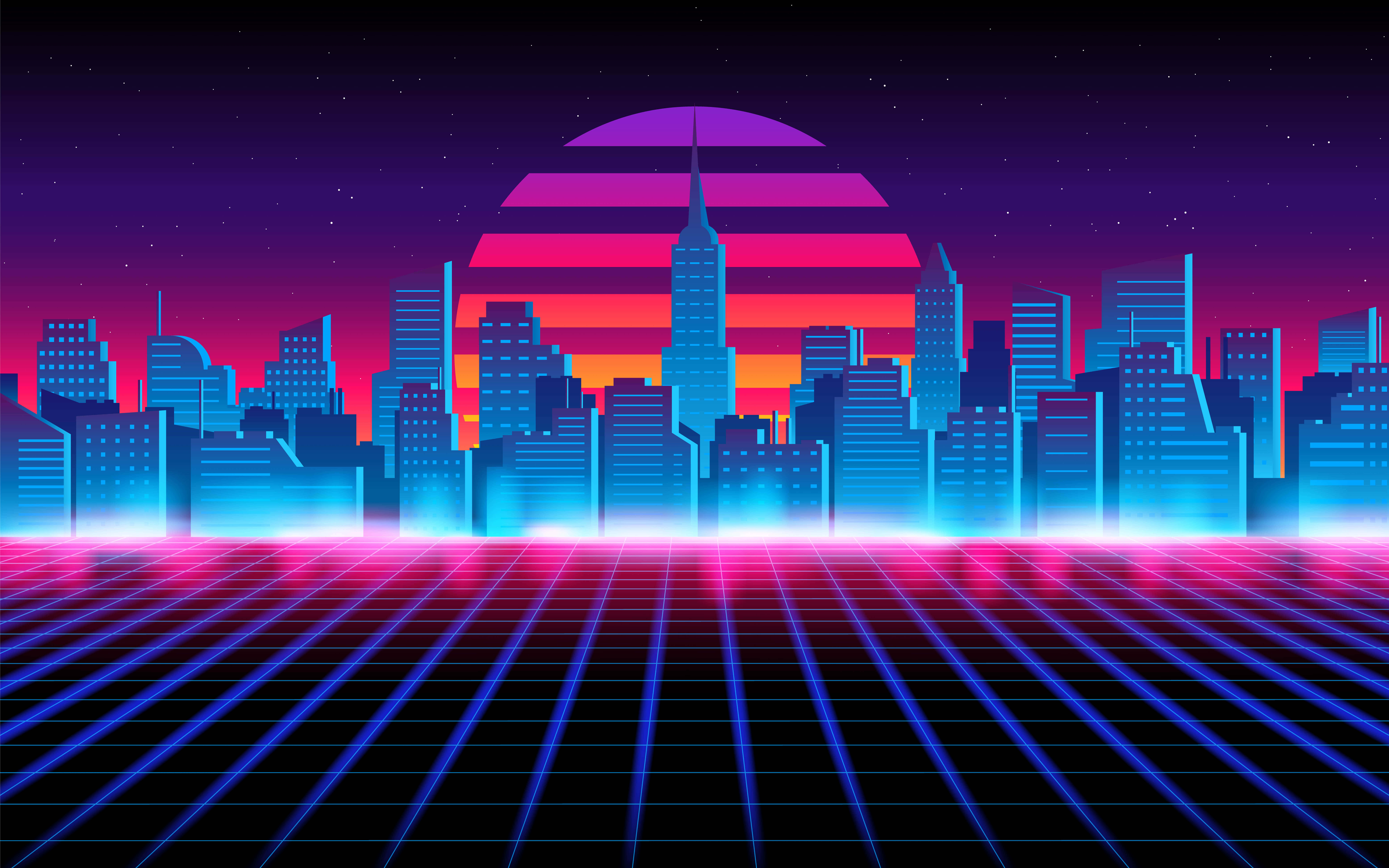 未來城市 桌布 壁紙 — 夜晚霓虹燈光下的復古未來主義城市景觀，發光網格地板和摩天大樓後面的條紋日落。