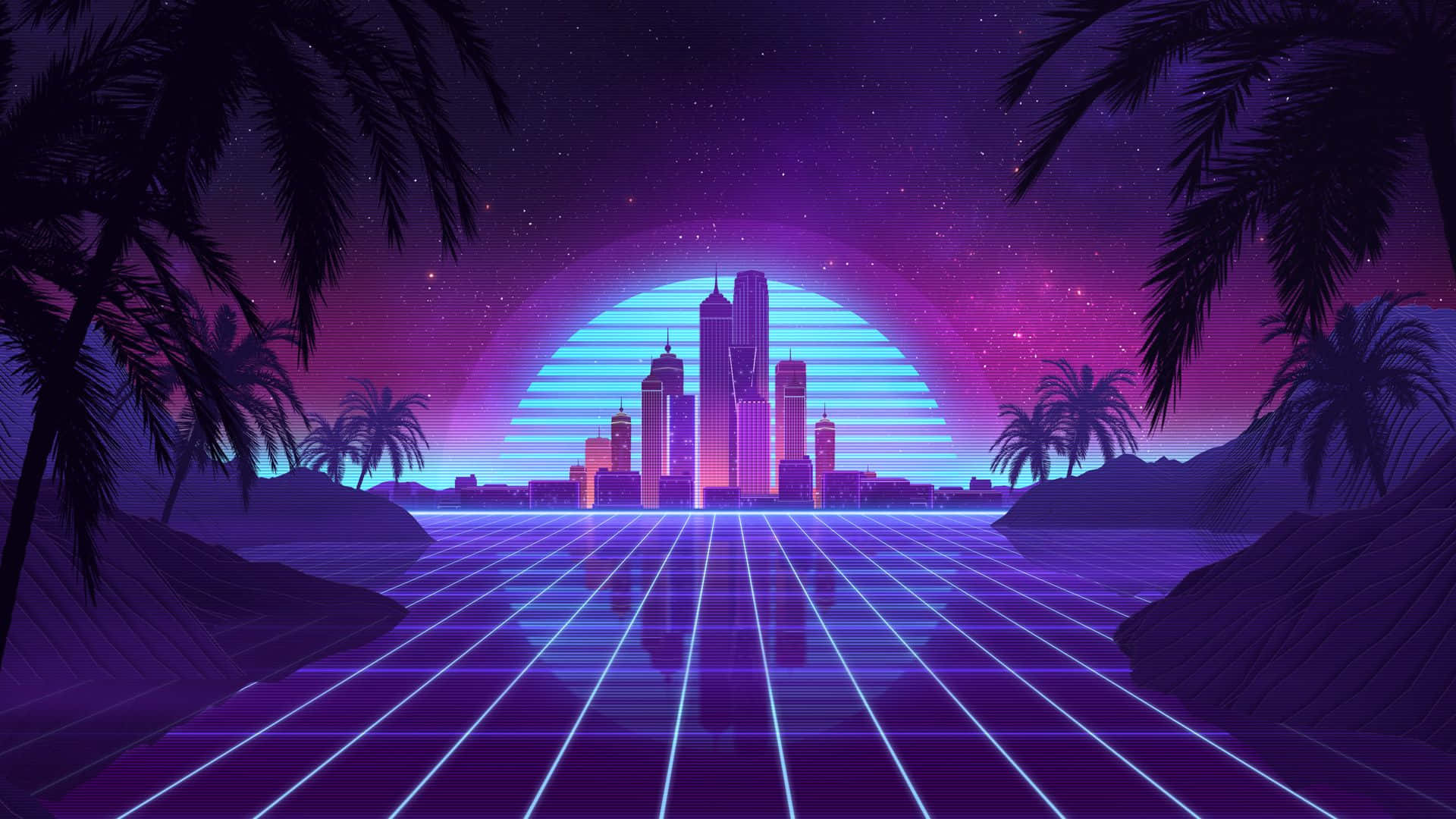 合成波 桌布 壁紙 — 夜晚霓虹燈浸染的復古未來主義城市景觀，棕櫚樹框住一條發光的網格道路，上方是繁星點點的紫色天空。