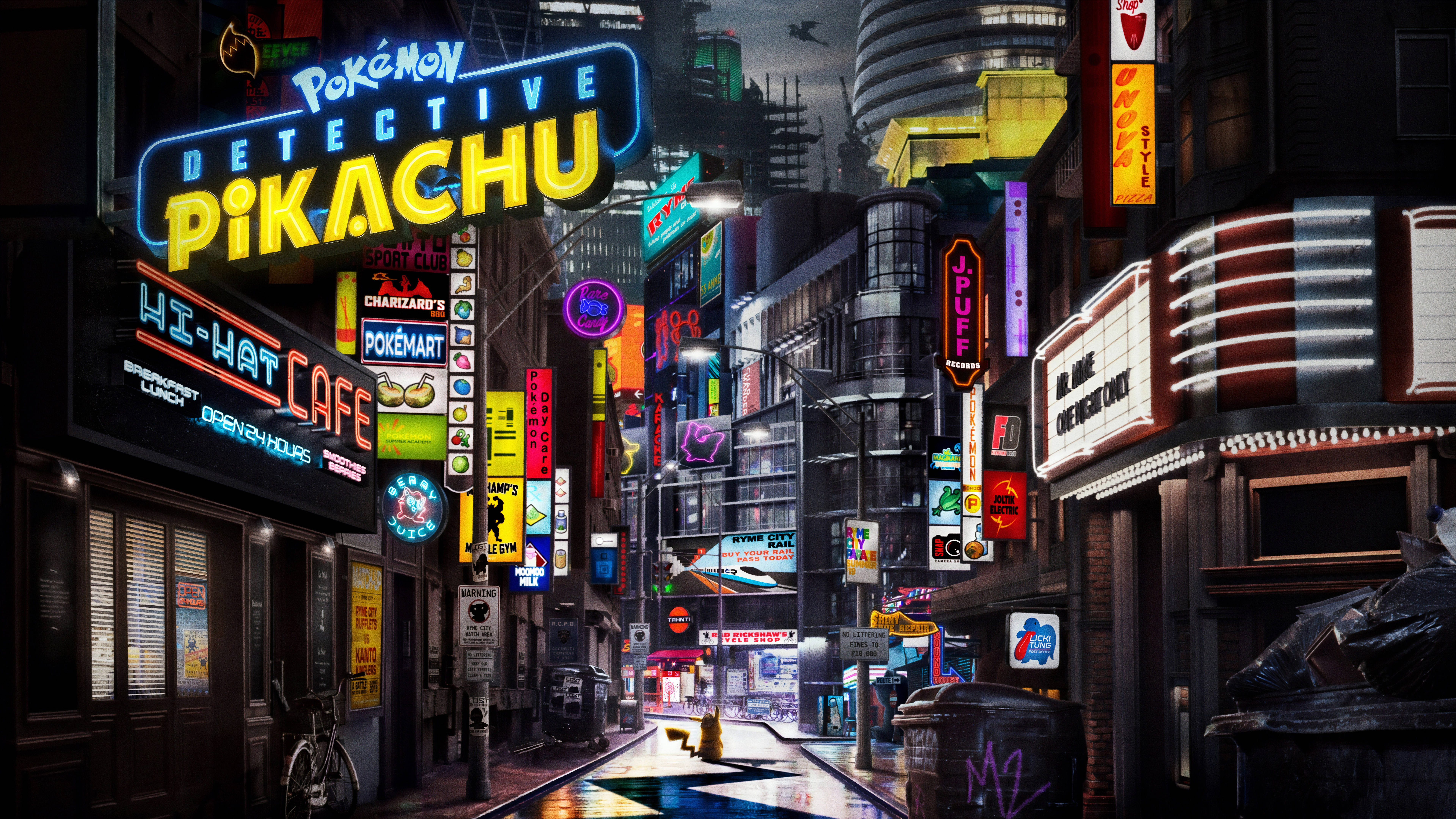 皮卡丘 桌布 壁紙 — 夜晚霓虹燈照亮嘅城市小巷，Detective Pikachu 同其他寶可夢主題商店嘅發光招牌倒映喺濕漉漉嘅路面上。