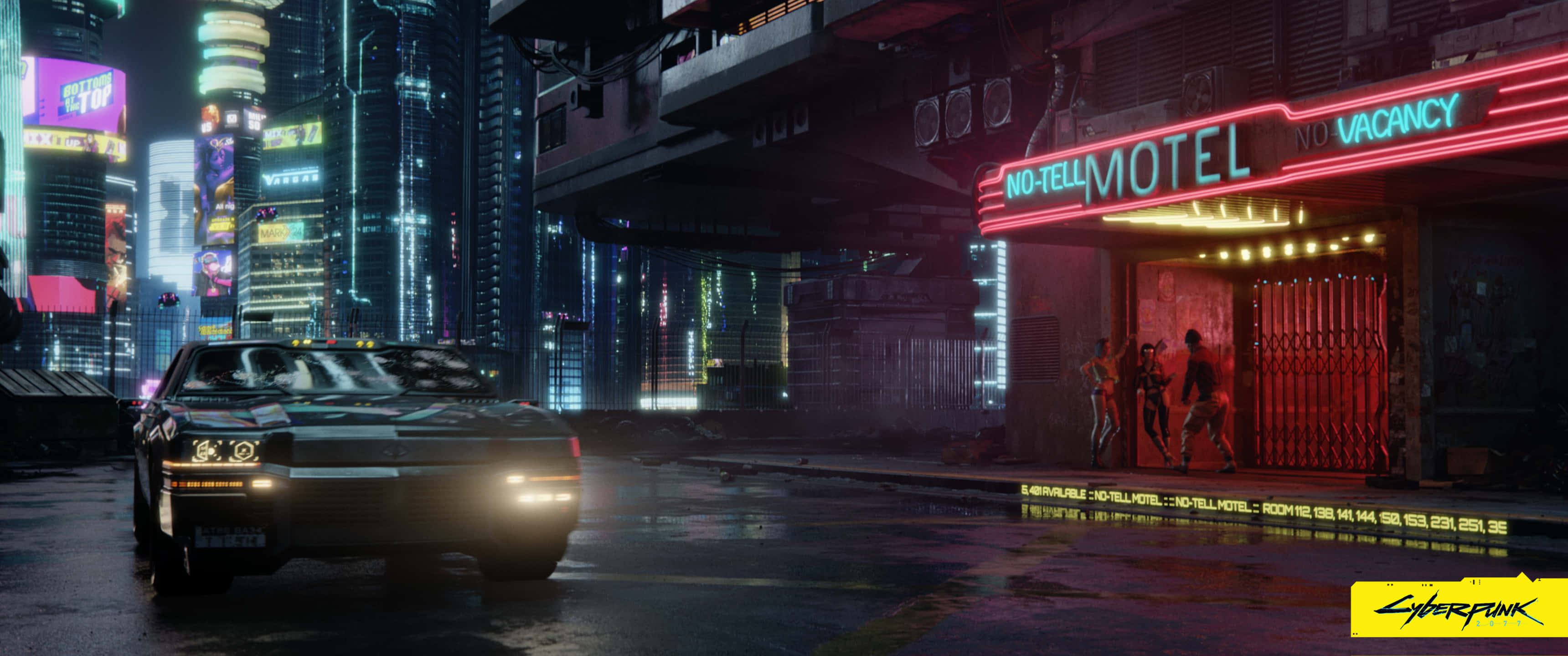 遊戲 桌布 壁紙 — 夜晚霓虹燈照亮的 cyberpunk 城市景觀，一輛復古車停在發光的 'No-Tell Motel' 標誌附近。