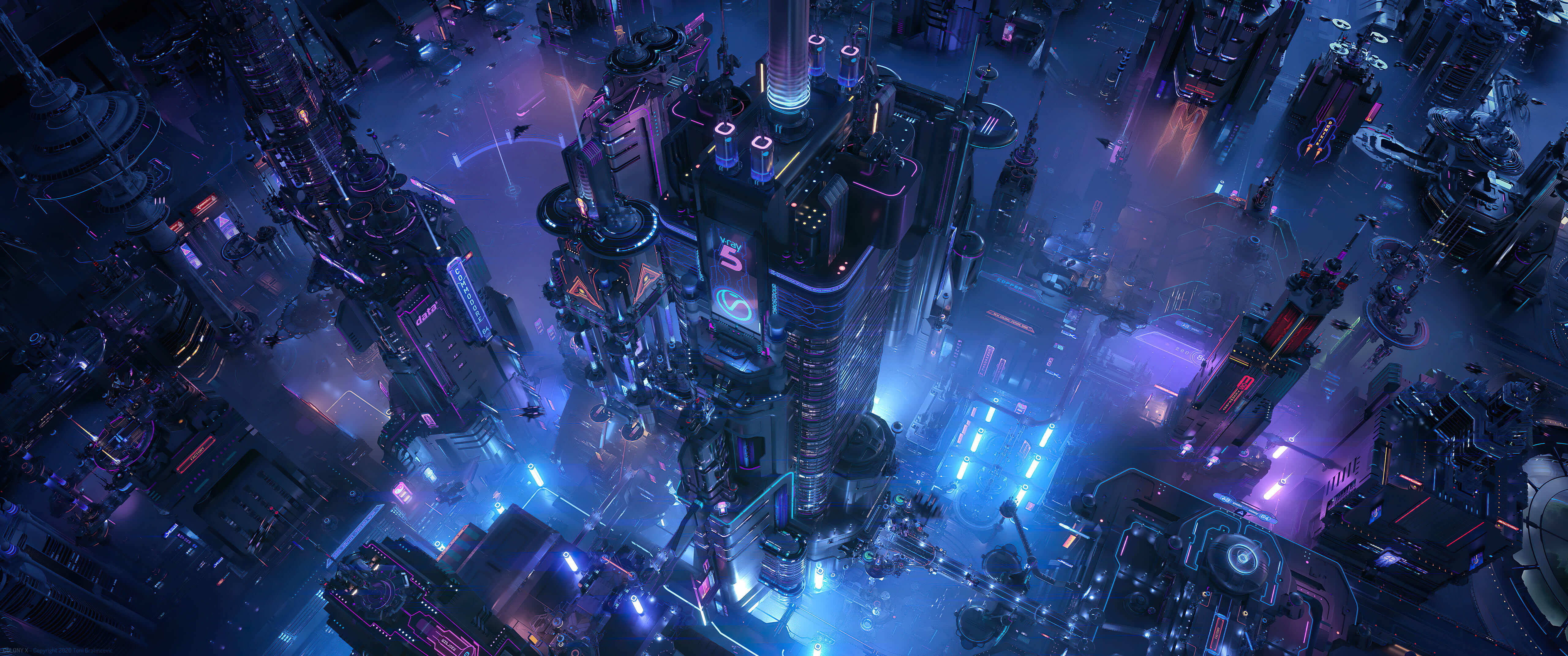 View 桌布 壁紙 — 夜晚霓虹燈照亮的 cyberpunk 城市景觀鳥瞰圖，有高聳的摩天大樓和發光的數位廣告看板。