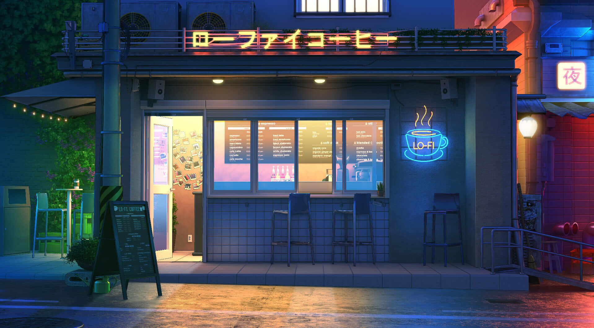 低傳真 桌布 壁紙 — 夜晚霓虹燈照亮的咖啡店，發光的招牌和濕漉漉的人行道反射出五彩繽紛的燈光。