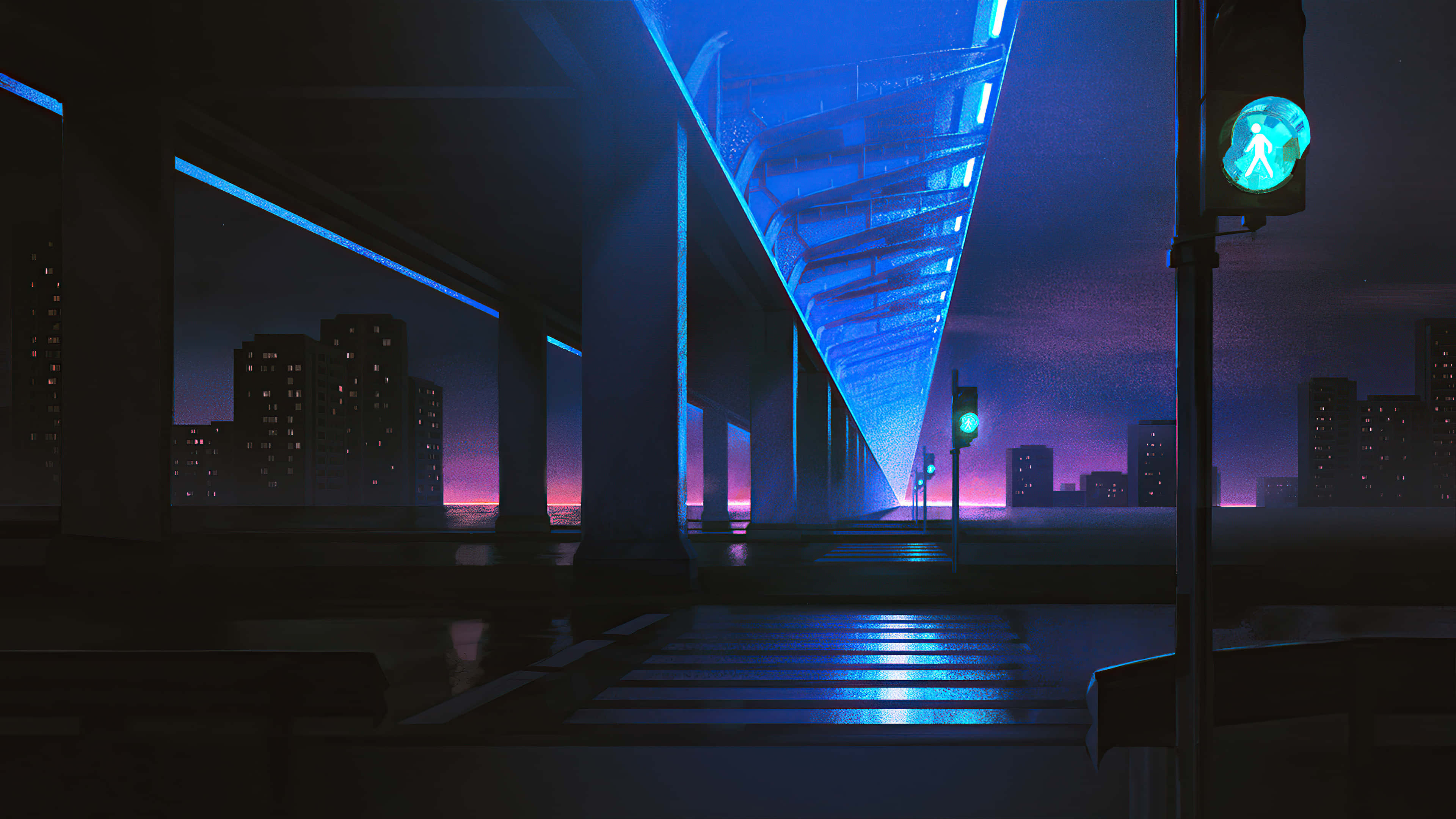 Light 桌布 壁紙 — 夜晚霓虹燈照亮的城市地下道，藍色燈光在濕漉漉的路面上反射，遠處的建築物在紫色天空下。