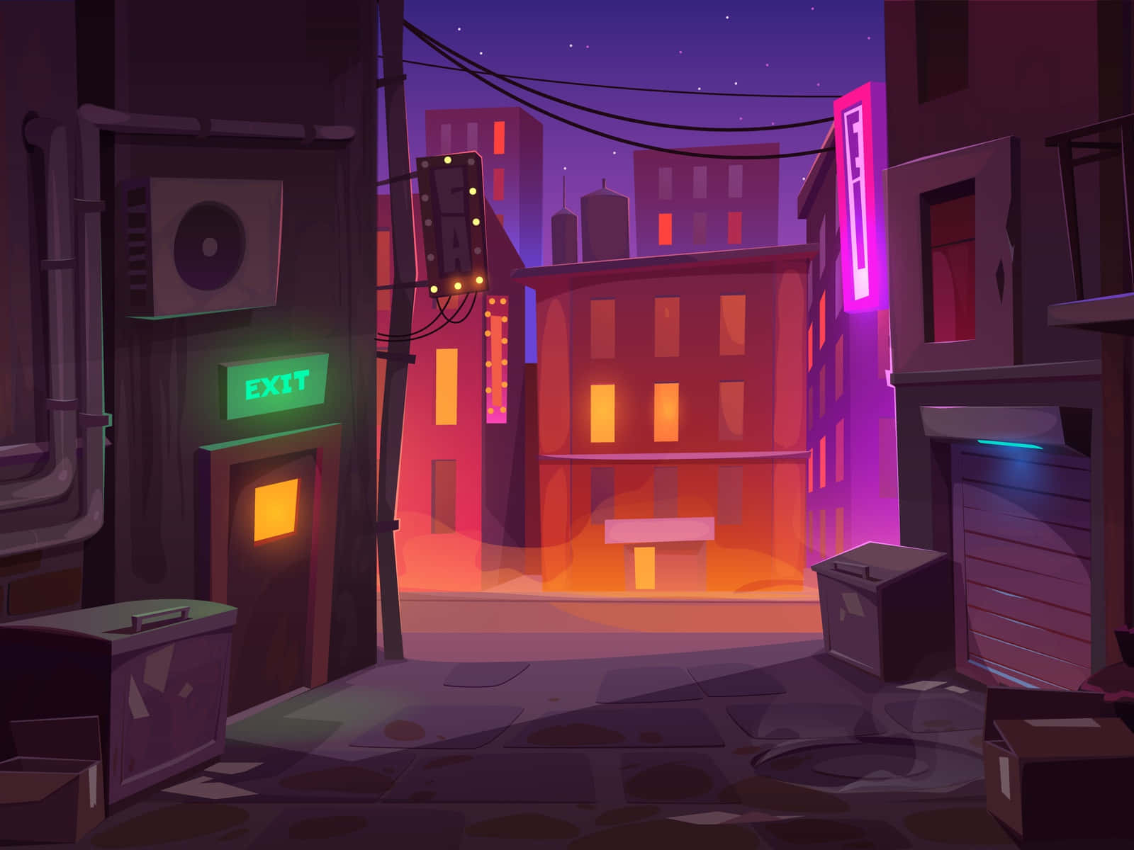 Alley 桌布 壁紙 — 夜晚霓虹燈照亮的城市小巷，發光的招牌和溫暖的窗燈在濕漉漉的人行道上投射出色彩繽紛的倒影。