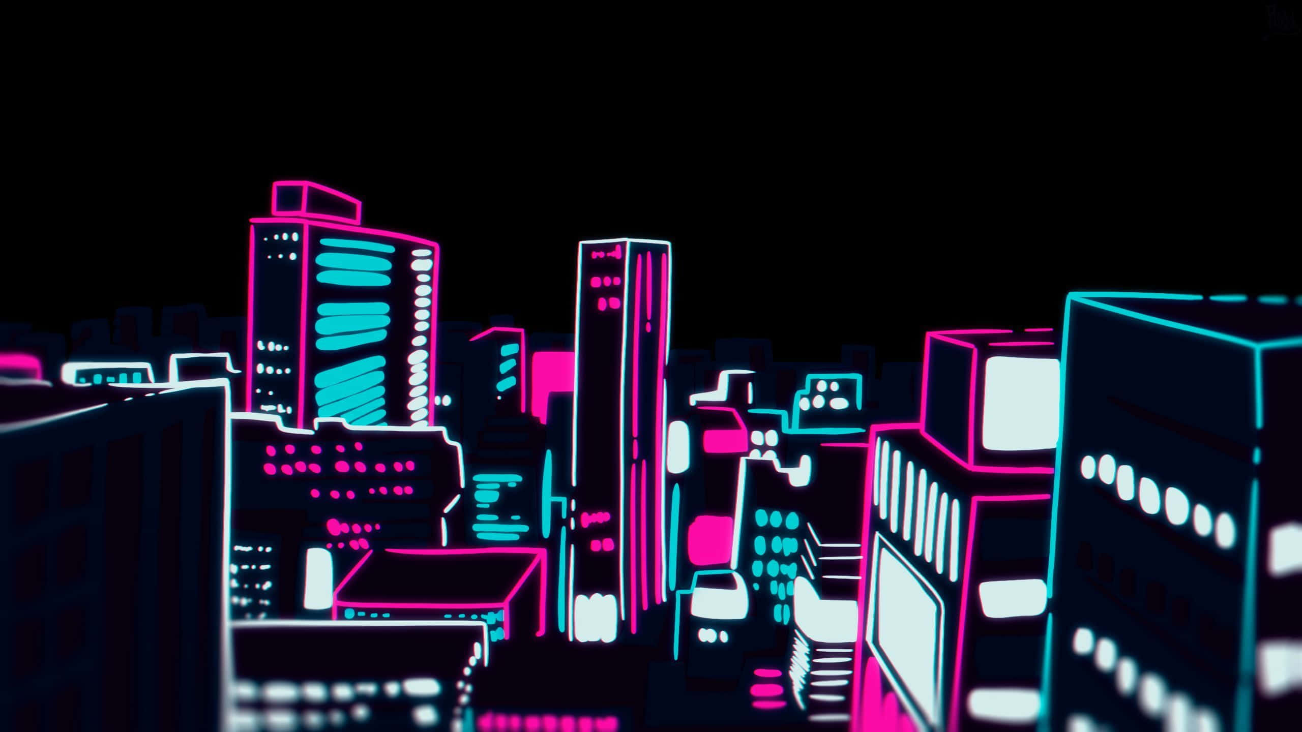 動漫 桌布 壁紙 — 夜晚霓虹燈照亮的城市景觀，粉紅色和青色的摩天大樓在黑色天空下發光。