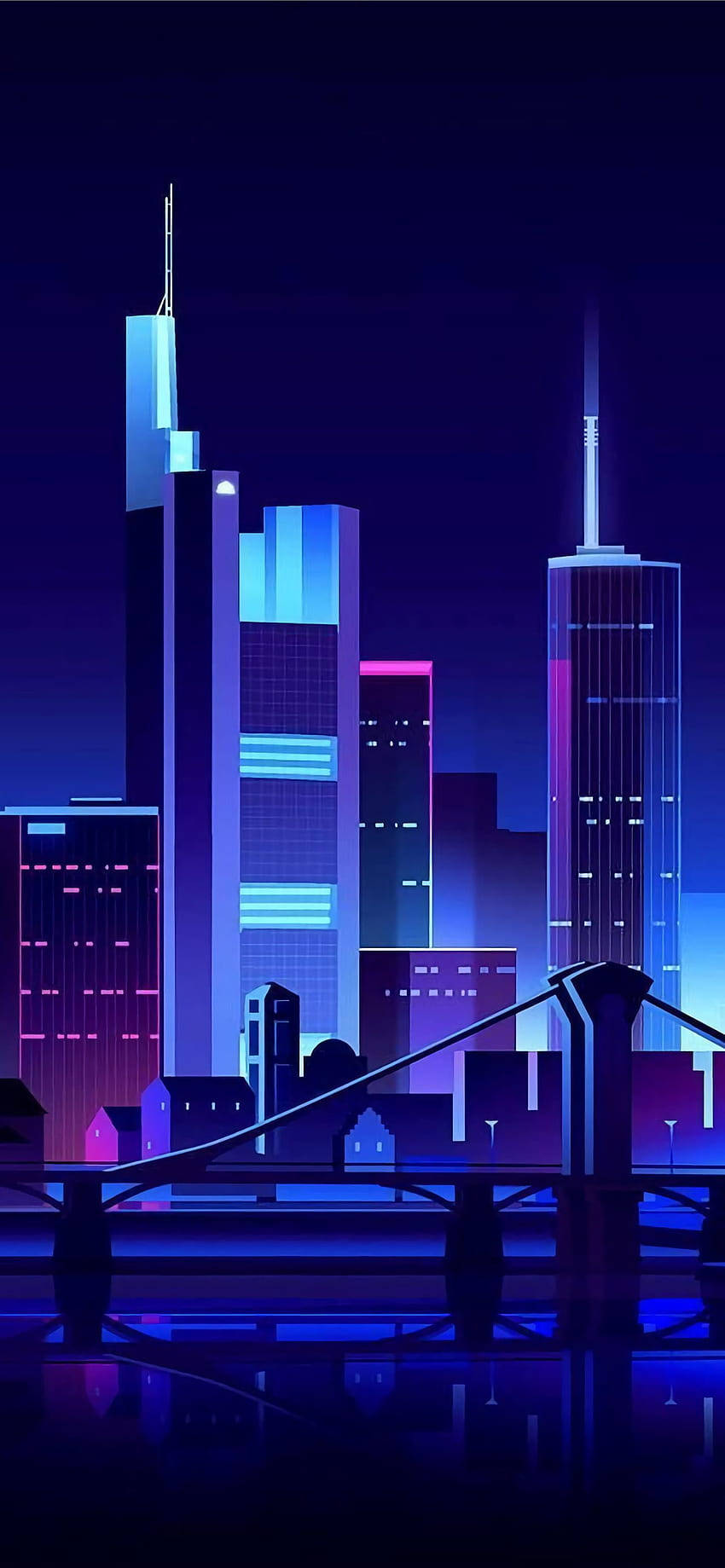 藝術 桌布 壁紙 — 夜晚霓虹燈照亮的城市景觀，高聳的摩天大樓發出電藍色和粉紅色的光芒，倒映在下面的水面上。