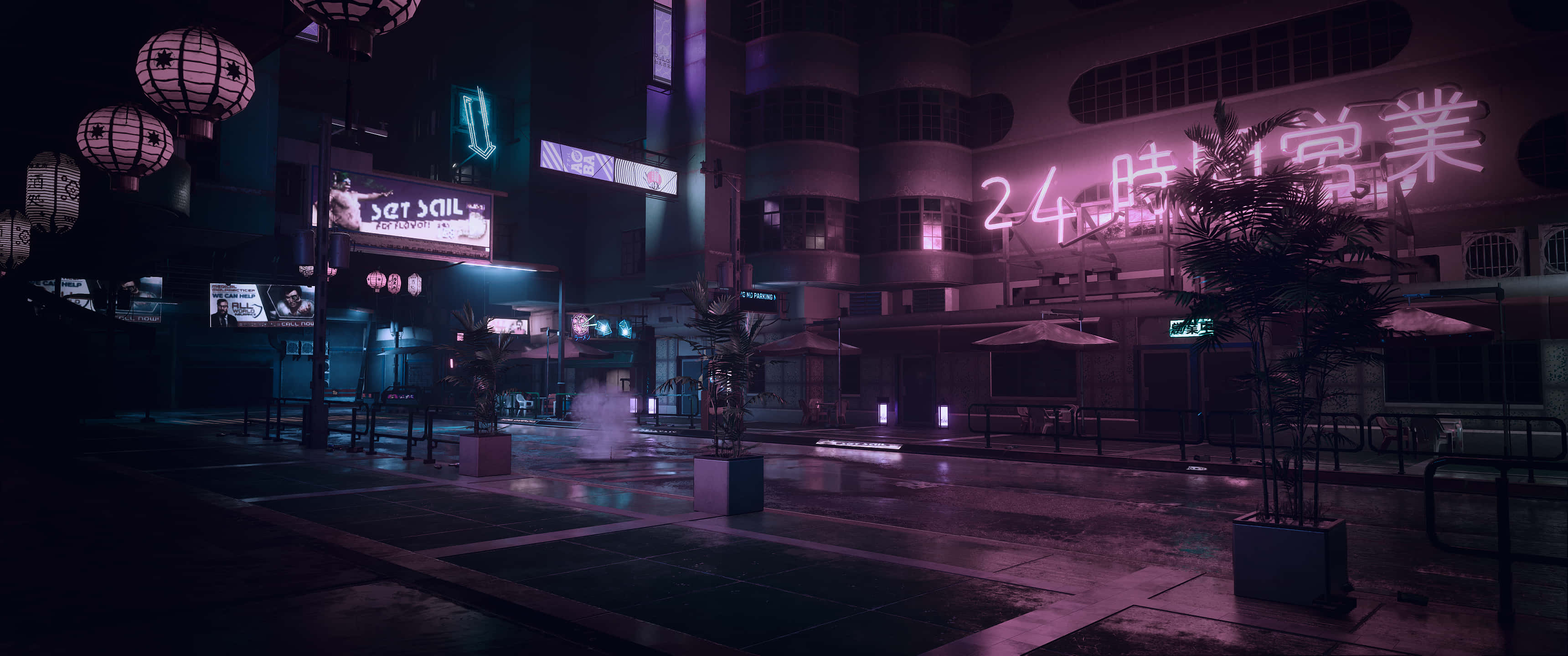 3440x1440 Neon 桌布 壁紙 — 夜晚霓虹燈照亮的城市街道，發光的招牌和潮濕的路面反射出色彩繽紛的燈光。