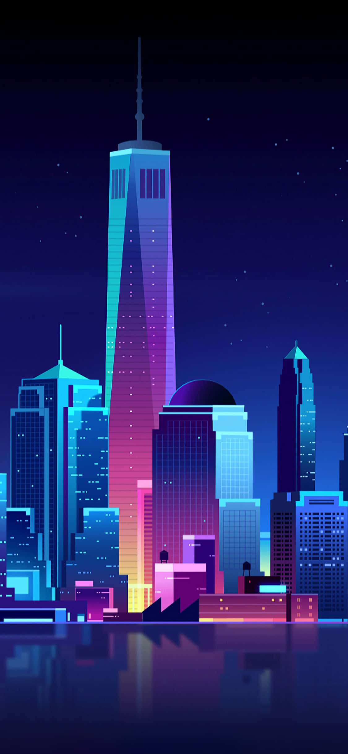 iPhone Xs New York 桌布 壁紙 — 夜晚霓虹燈照亮的天際線，一座高聳的摩天大樓在星空下倒映在水中。