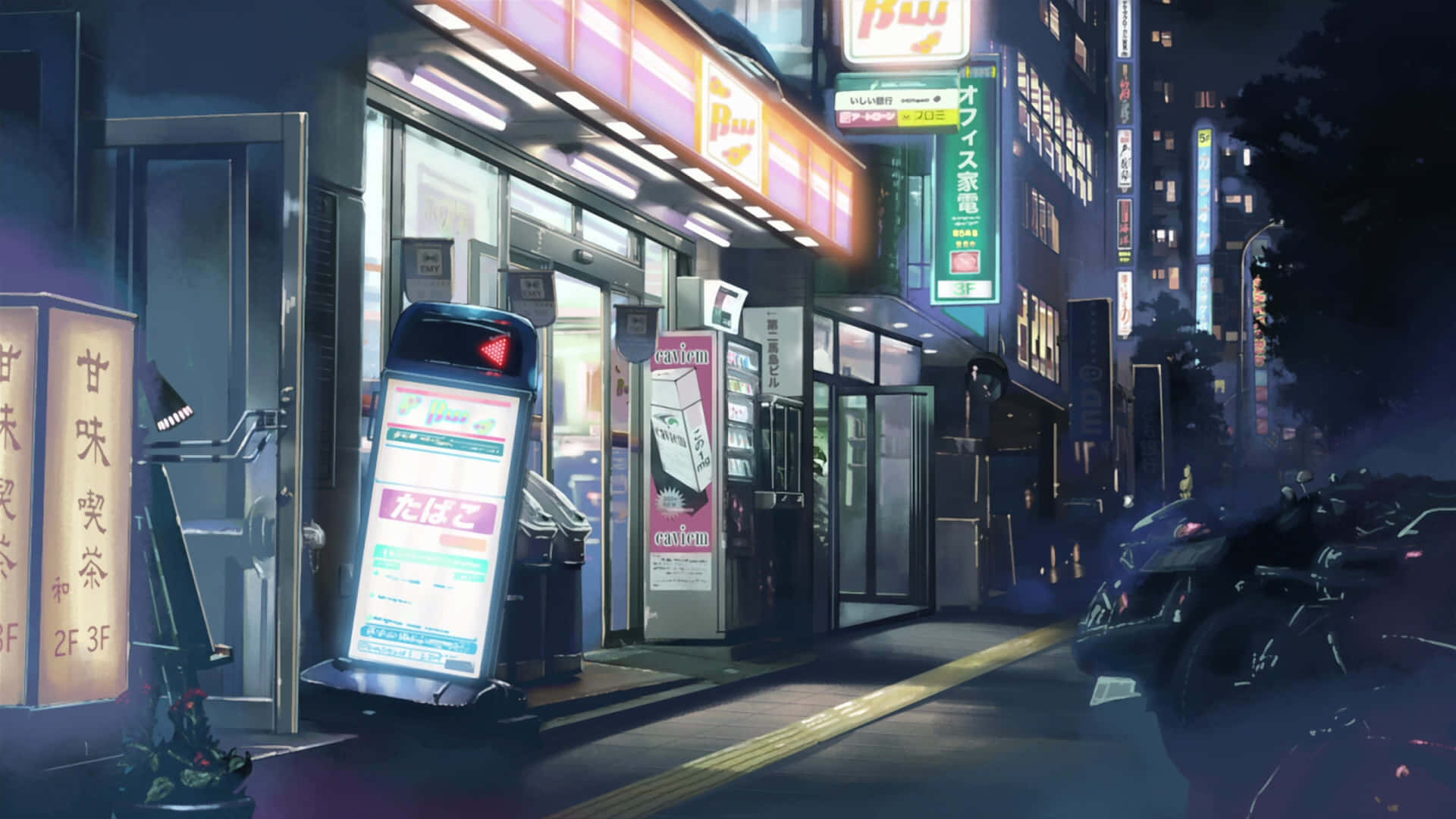 Cartoon City 桌布 壁紙 — 夜晚霓虹燈照亮的日本街角，有發光招牌、自動販賣機和停放的摩托車，在黑暗天空下。
