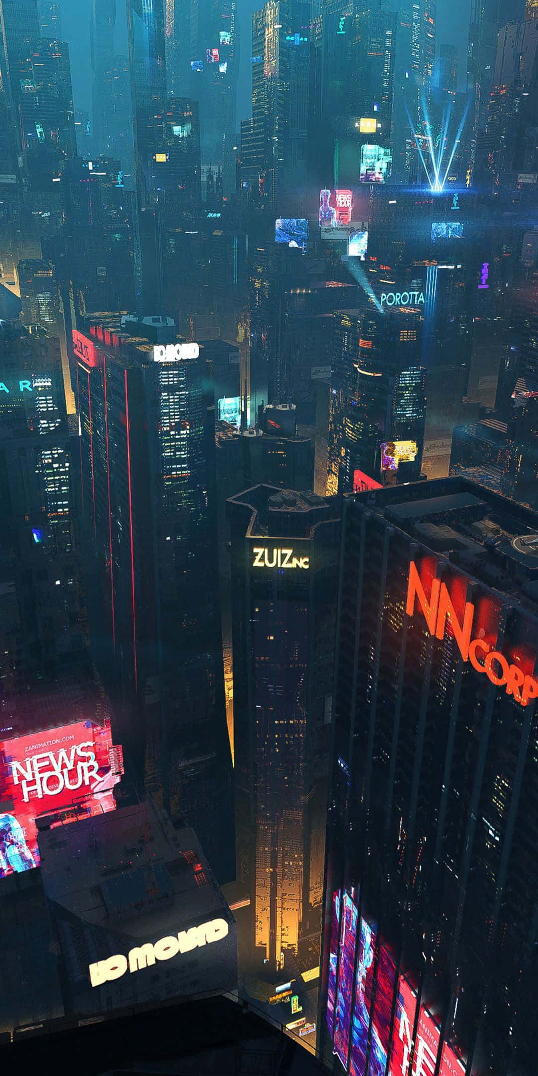 Future City 桌布 壁紙 — 夜晚霓虹燈照亮的未來主義城市景觀鳥瞰圖，高聳的摩天大樓和發光的廣告牌。